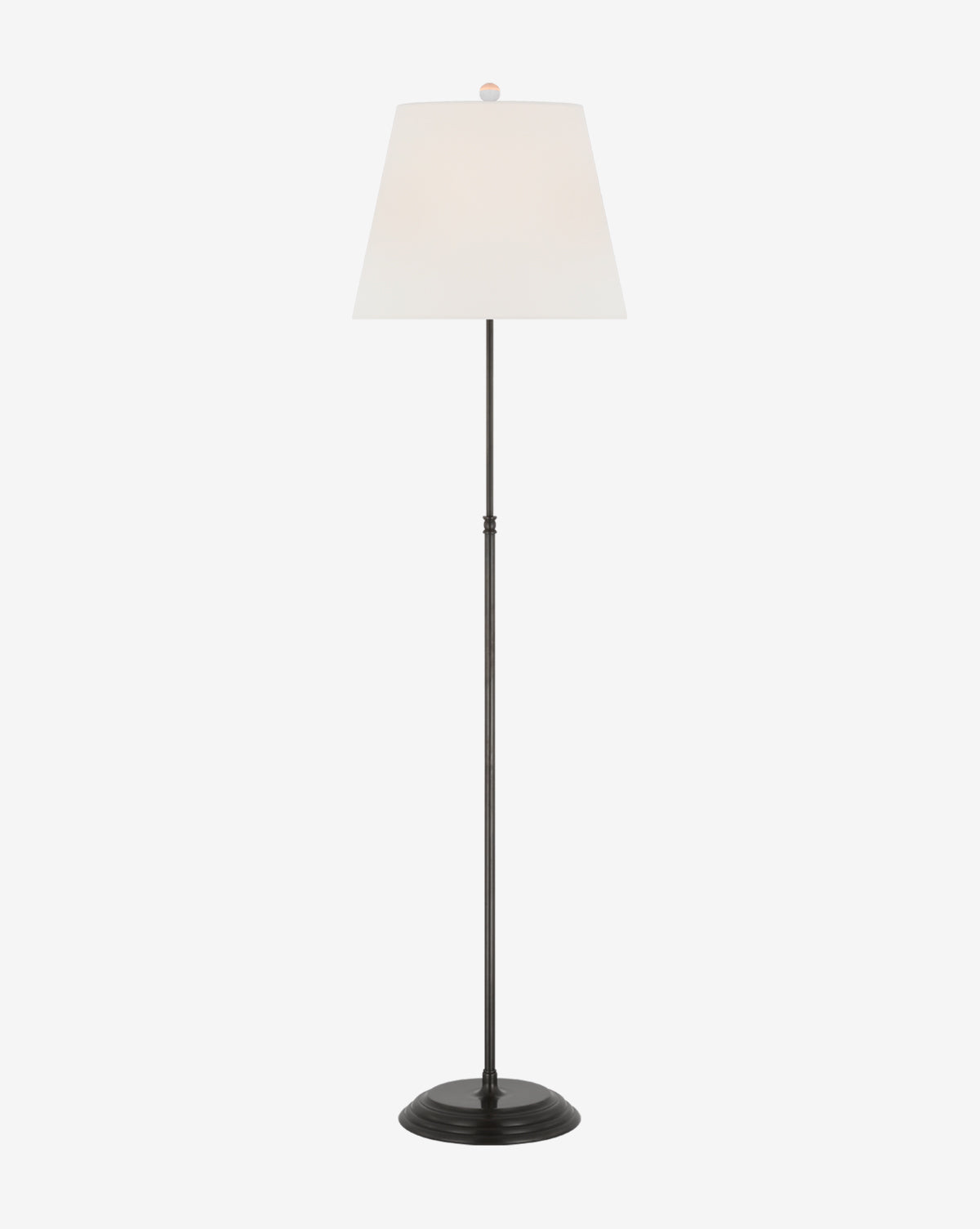 The Wyatt Floor Lamp by Visual Comfort & Co. Signature features a slim metal pole, black round base, and a white linen shade for an elegant silhouette against a plain white background, by Vendixs