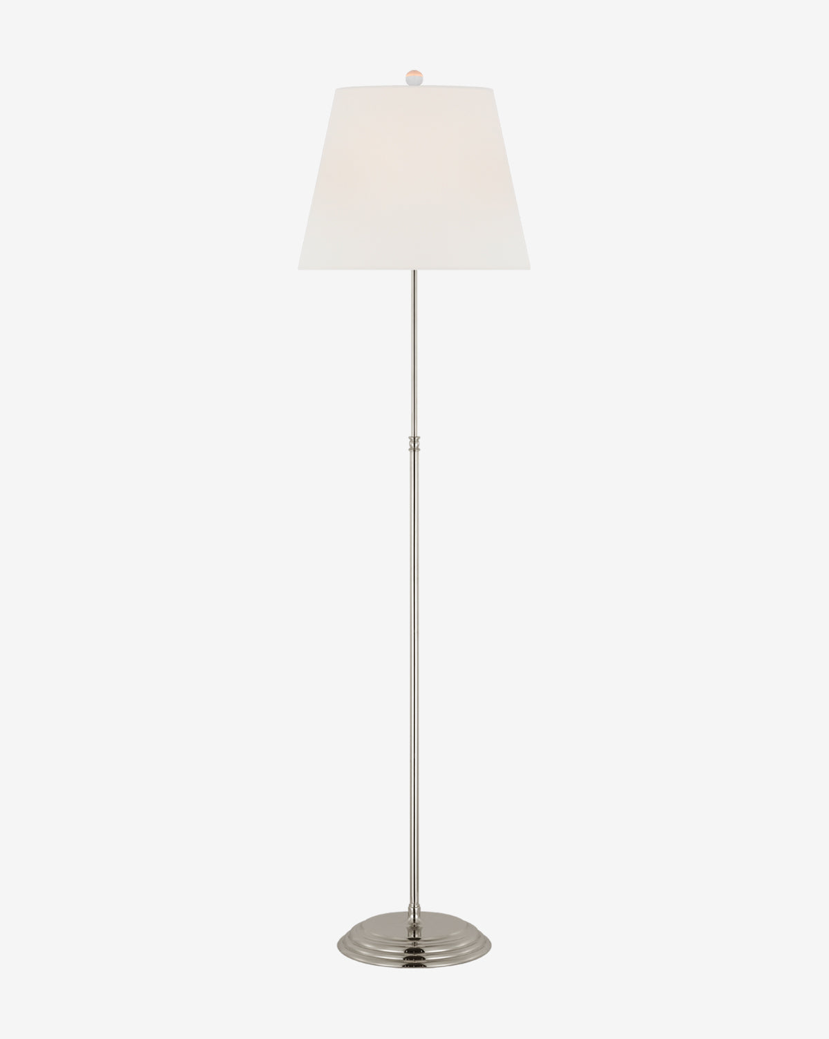 The Wyatt Floor Lamp showcases a sleek silver stand, round base, and crisp white linen shade, all set against a plain white background, by Vendixs