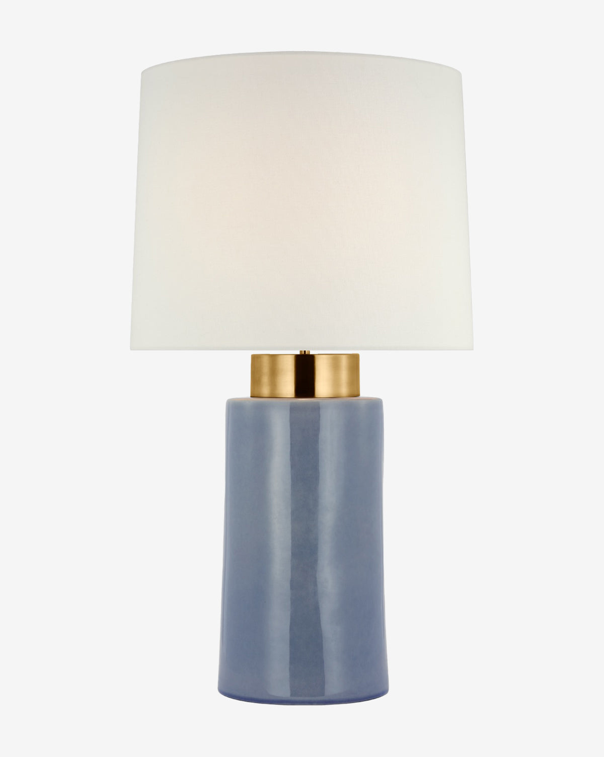 The Xian Table Lamp features a glossy blue ceramic cylindrical base, gold accent near the top, and a large white linen shade—perfect as a modern decorative piece against a plain white background, by McGee & Co.