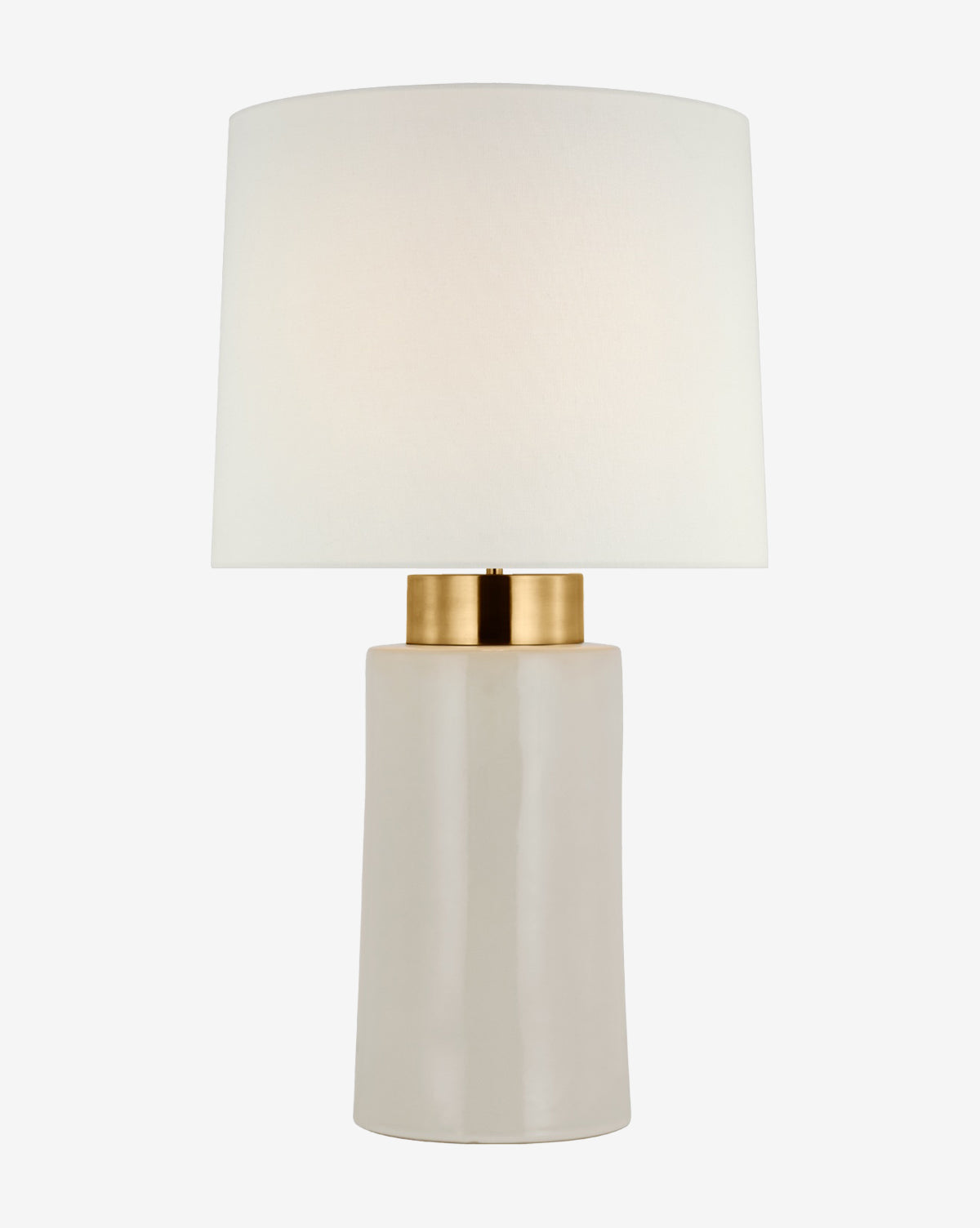 The Xian Table Lamp by Visual Comfort & Co. Signature features a modern white cylindrical ceramic base with a gold accent, topped with a large white linen shade. Vendixs