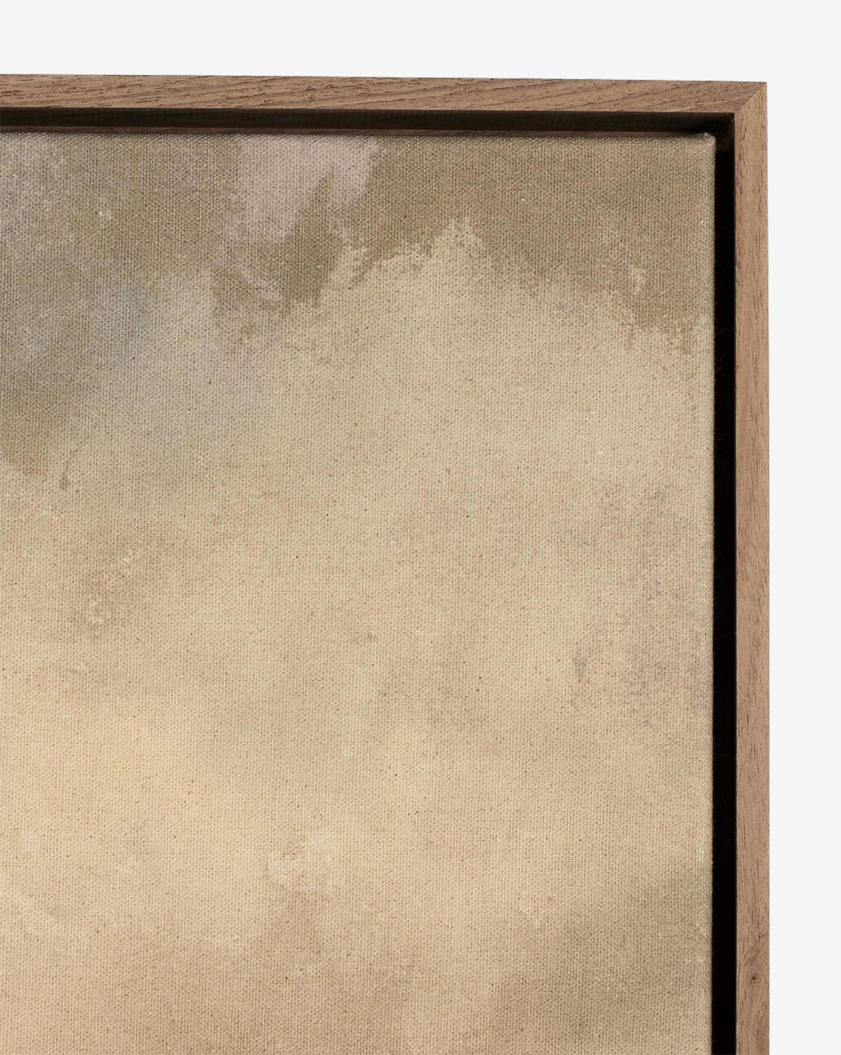 A close-up of You Said I am the Sea by Aileen Fitzgerald, a gallery-quality framed canvas featuring soft beige and gray tones, visible texture and brushstrokes on raw canvas, and a minimalist wooden frame, by Vendixs
