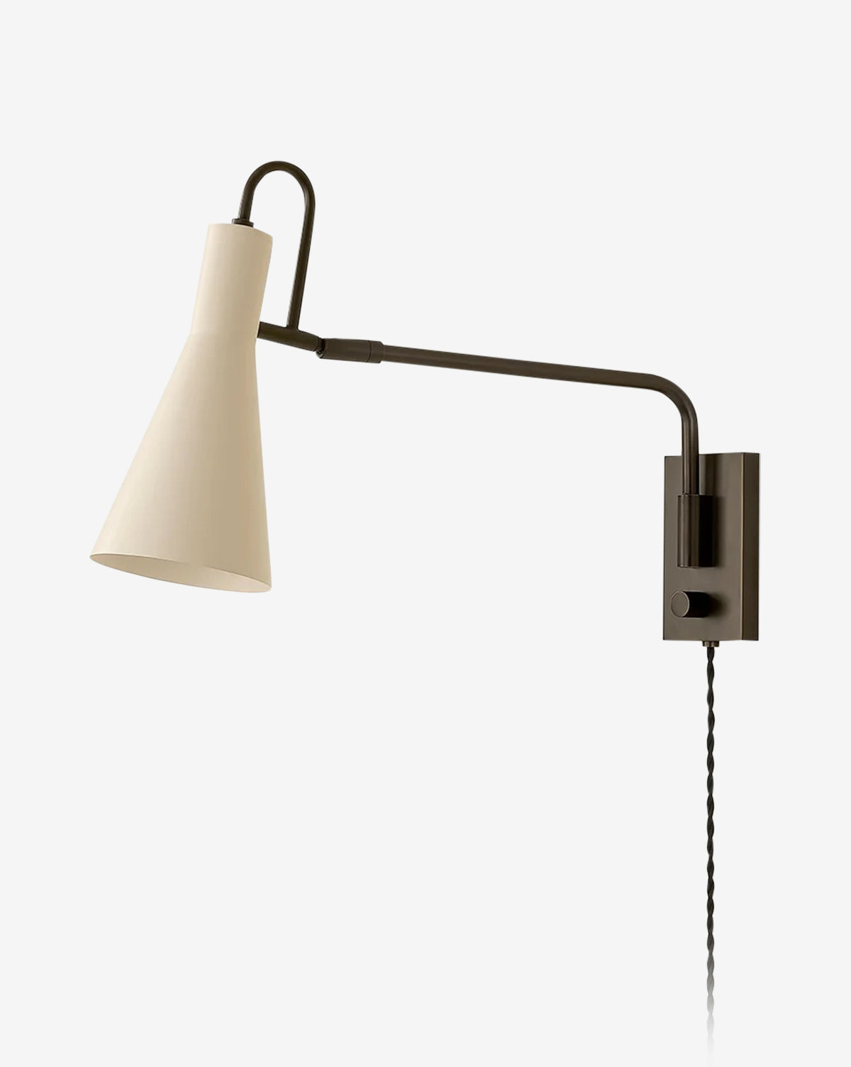 The Hudson Valley Lighting Yvette Sconce is a modern wall lamp with a vintage look, featuring a beige conical shade, black adjustable arm for directional lighting, and twisted black cord, shown on a plain white background. Vendixs