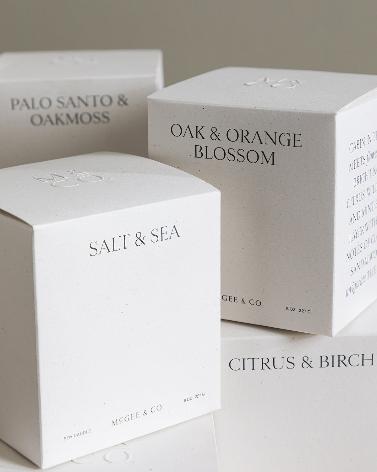 A white luxury candle box with minimalist black text displays the "Salt & Sea Candle" scent. The soy wax candle box features an elegant, modern design, by Vendixs