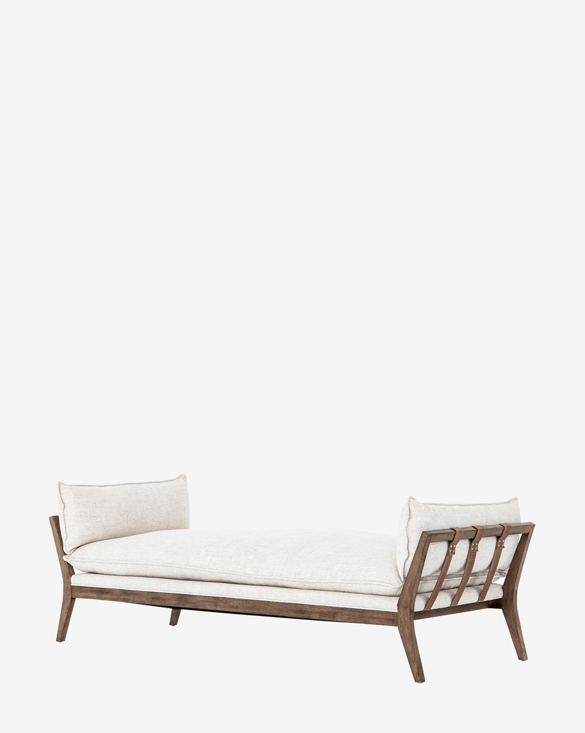 The Aberdeen Day Bed boasts a modern parawood frame, light beige cushions, and two bolster pillows with taupe leather buckles, all presented on a plain white background, by Vendixs