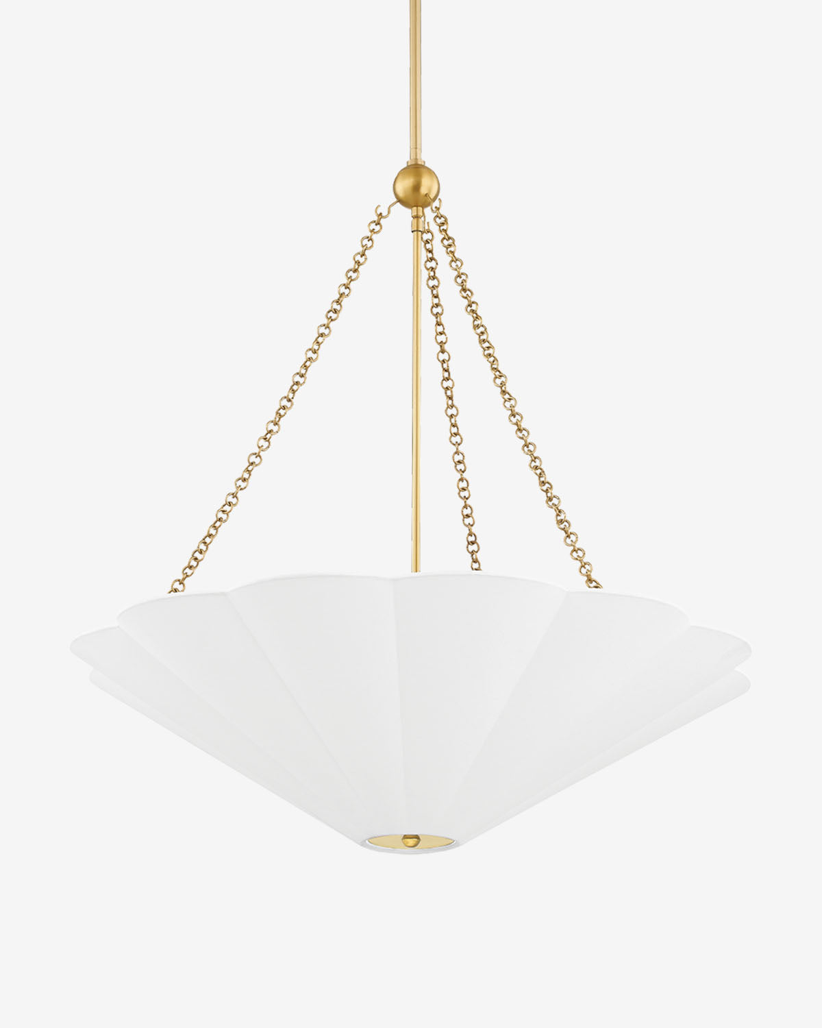 The Alana Pendant by Hudson Valley Lighting features a pleated white linen shade suspended from three antiqued brass chains, attached to a central gold rod and canopy. Vendixs
