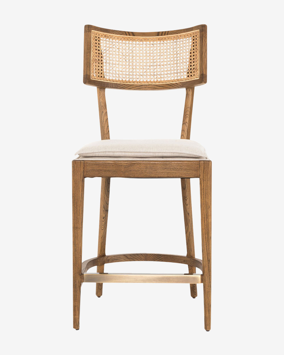 Front view of the Four Hands Alessia Stool, showcasing a caned backrest, light beige cushioned seat, and straight tapered legs in sturdy nettlewood with support bars. Vendixs