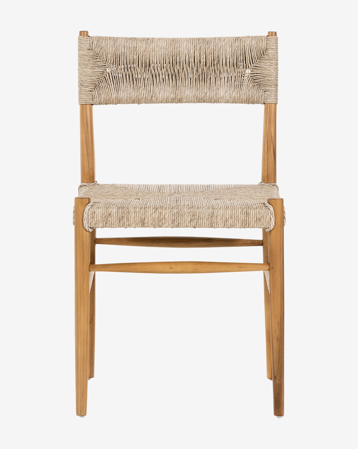 The Ambler Indoor/Outdoor Dining Chair by Four Hands features a teak frame with natural beige woven wicker seat and backrest. Shown front-facing against a white background, its light wood and inviting tones create a warm, welcoming look. Vendixs