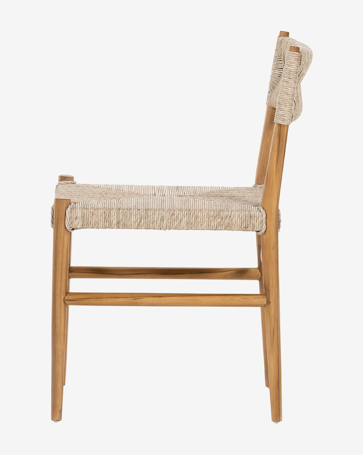 Side view of the Ambler Indoor/Outdoor Dining Chair, featuring minimalist, modern design with teak frame, wicker seat, and light wood finish—perfect for contemporary dining spaces indoors or outdoors, by McGee & Co.