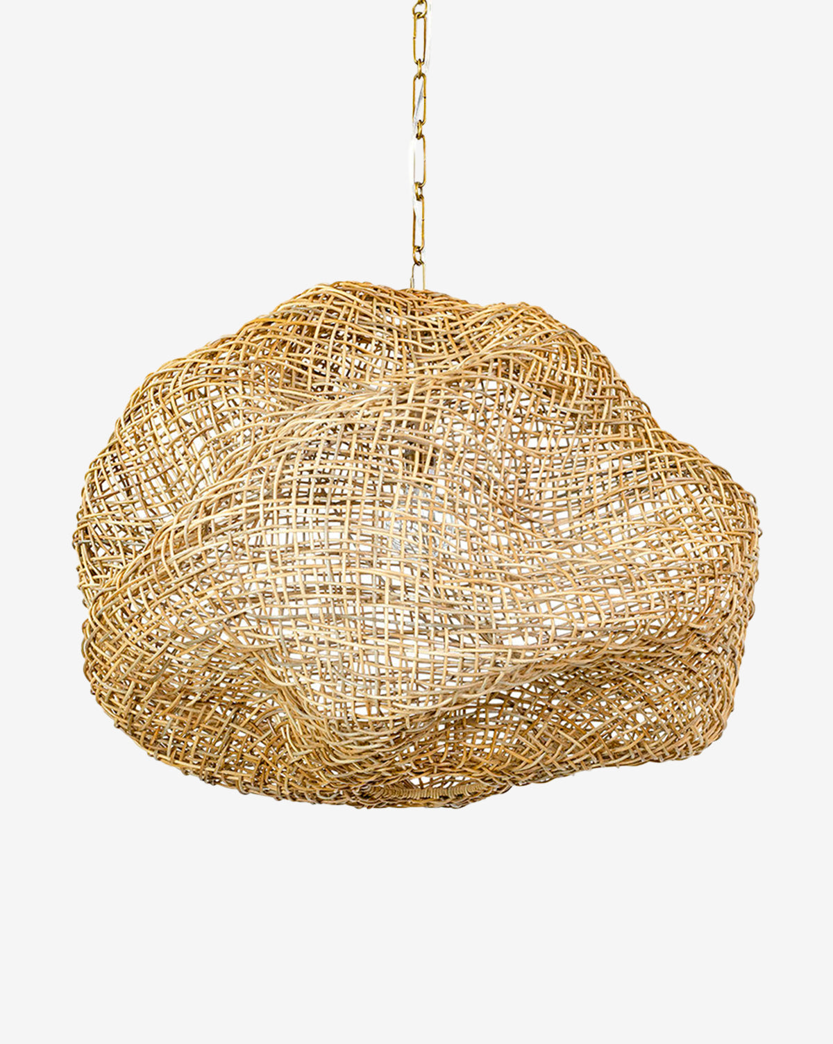 The Andorra Wicker Pendant, with its abstract cloud-shaped rattan design, hangs gracefully from a gold chain, highlighting organic lighting and natural texture against a plain white background, by Vendixs
