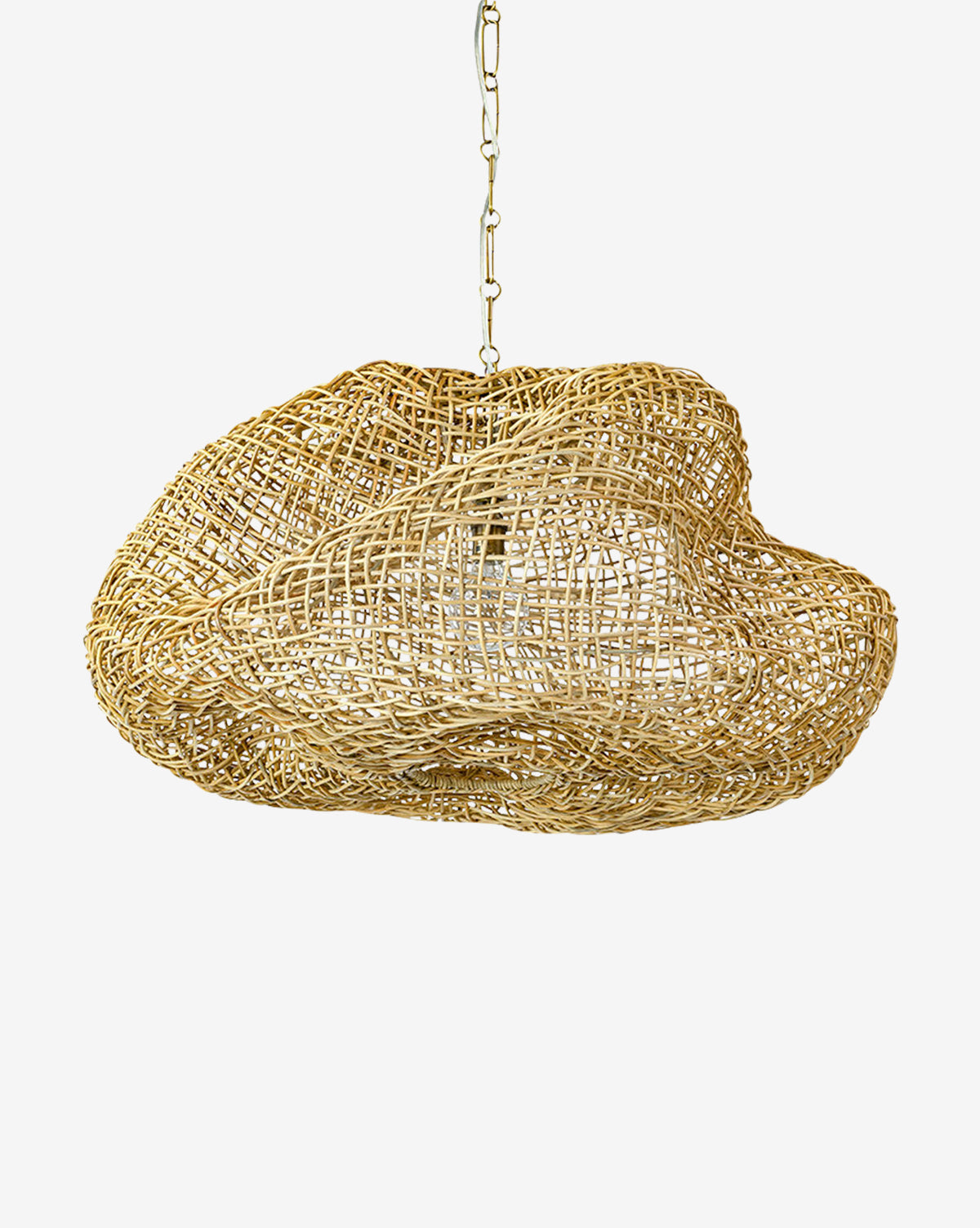 The Andorra Wicker Pendant by Palecek features an abstract cloud-shaped rattan open weave design and hangs from a metal chain, highlighting its organic texture against a plain white background. Vendixs