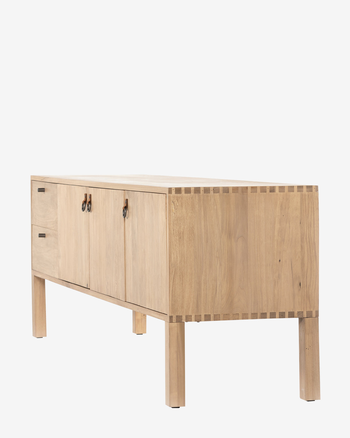 The Ashlen Console is a light wood sideboard crafted from solid poplar, featuring two left drawers and two central doors. Its minimalist, Shaker-inspired design includes dovetail joints and stands on four straight legs by McGee & Co.