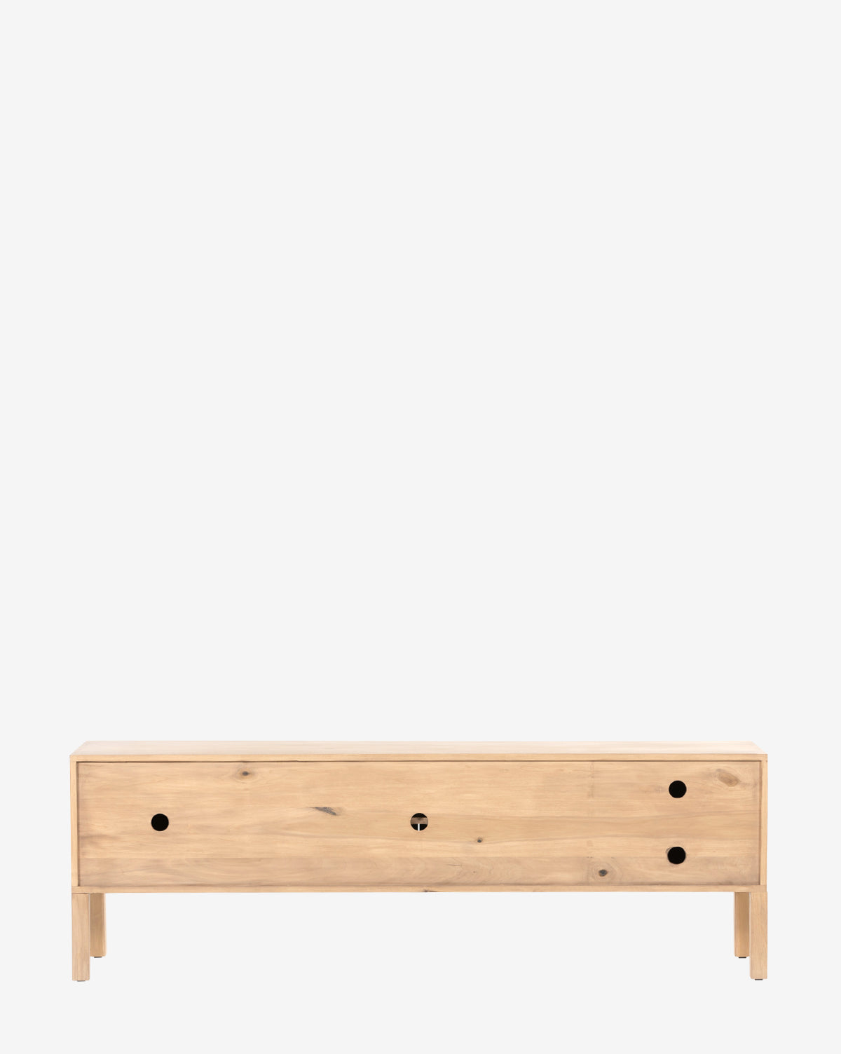 The Ashlen Console TV stand features a light wood finish, minimalist Shaker-inspired design, solid poplar build, long rectangular shape, four legs, a flat top, and three round cut-out handles on the front panel, by Vendixs
