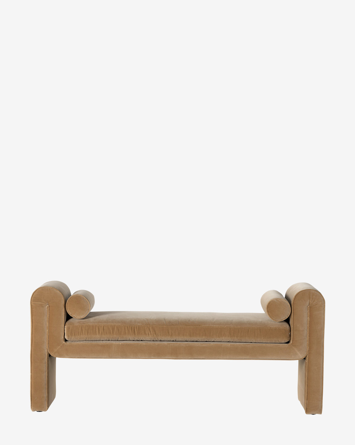 The Ashlyn Bench by Four Hands is a tan upholstered bench with curved armrests, two cylindrical cushions, and rectangular legs in a minimalist design, shown against a plain white background, Vendixs