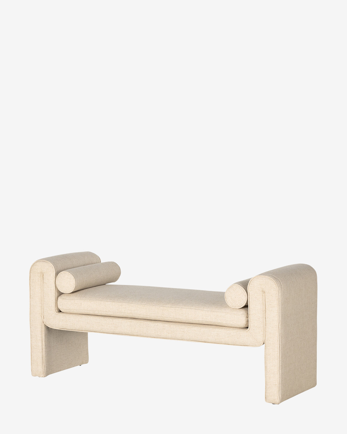 The Ashlyn Bench showcases a modern design with beige upholstery, cylindrical side cushions, and thick curved supports, all presented against a plain white background by Vendixs