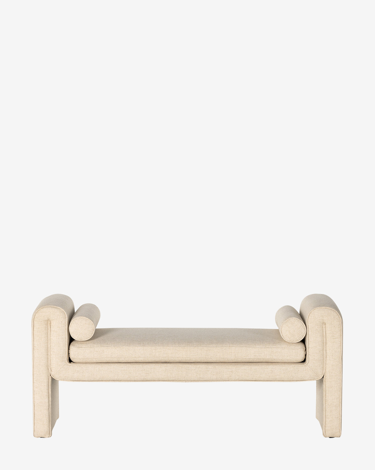 The Ashlyn Bench features a minimalist, modern design with beige upholstery and two cylindrical bolsters at each end, shown on a plain white background by Vendixs