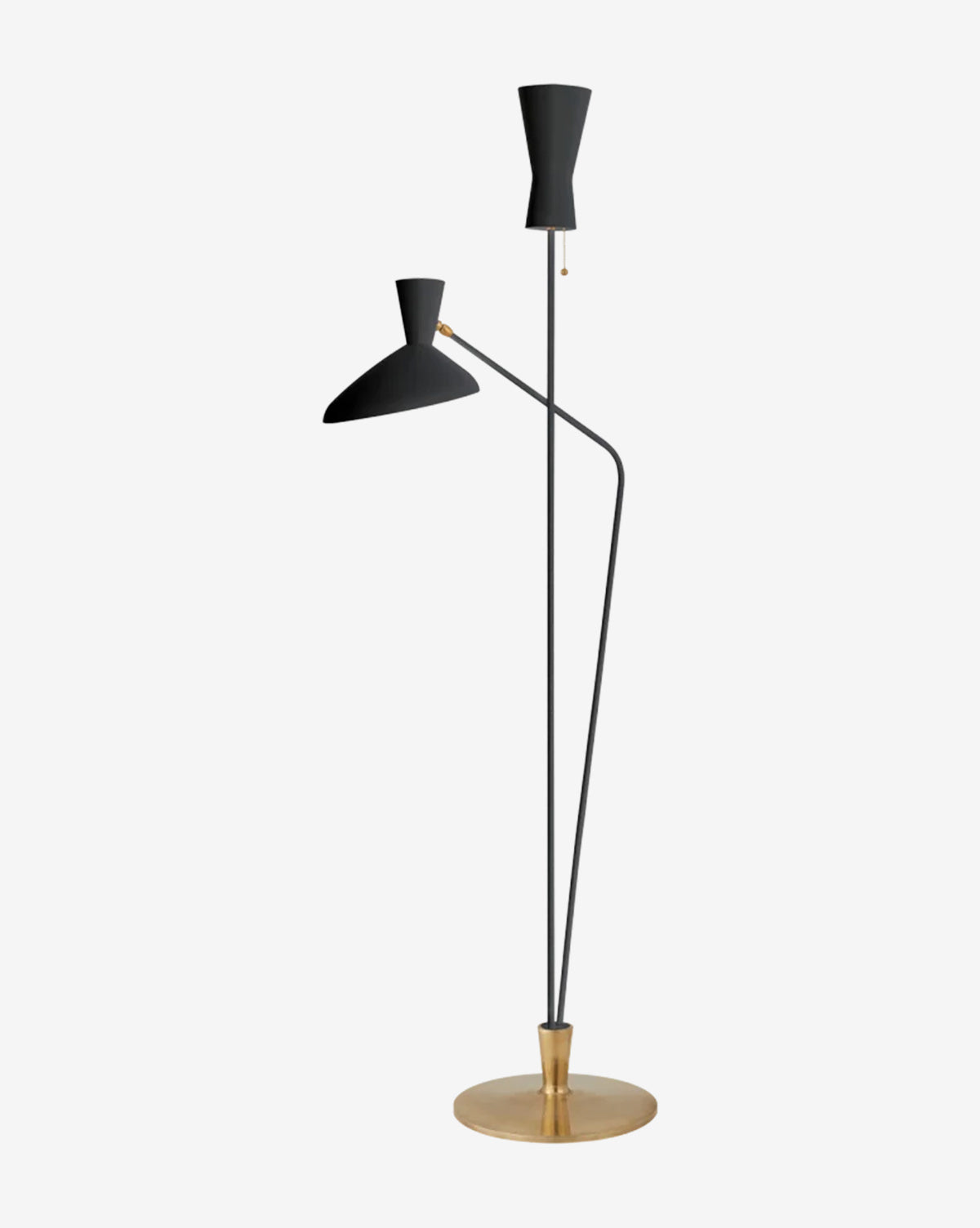 The Austen Dual Function Floor Lamp by Visual Comfort & Co. Signature features two black cone shades, slim black metal rods, and a round brass base—one rod arches outward with a small shade while the other stands upright with a larger shade, available at Vendixs