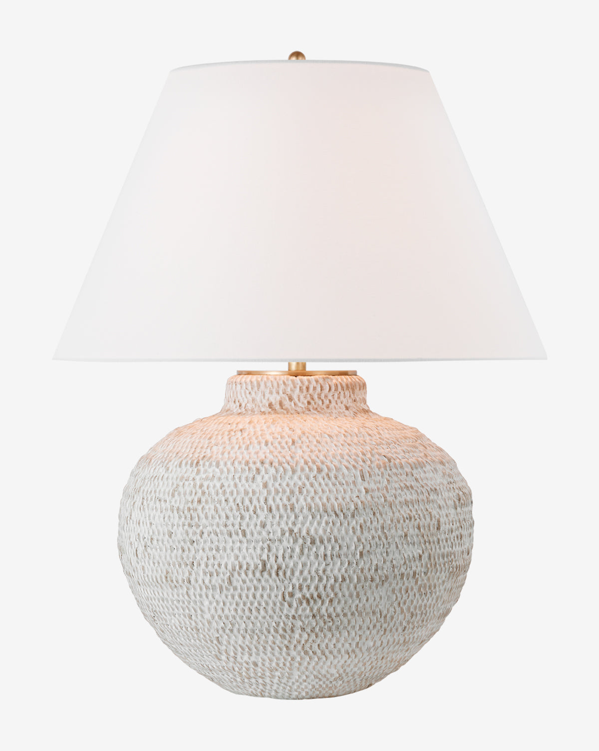 The Avedon Table Lamp showcases a round, textured white rattan base and a large white linen shade, displayed against a plain background by Vendixs