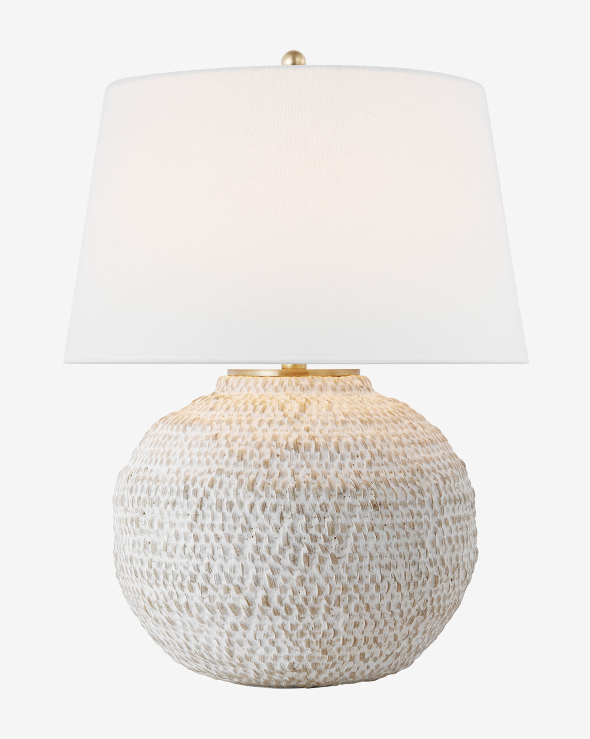 The Avedon Table Lamp boasts a round, textured base with a natural rattan look, complemented by a white linen shade for an elegant, woven-inspired style, by Vendixs