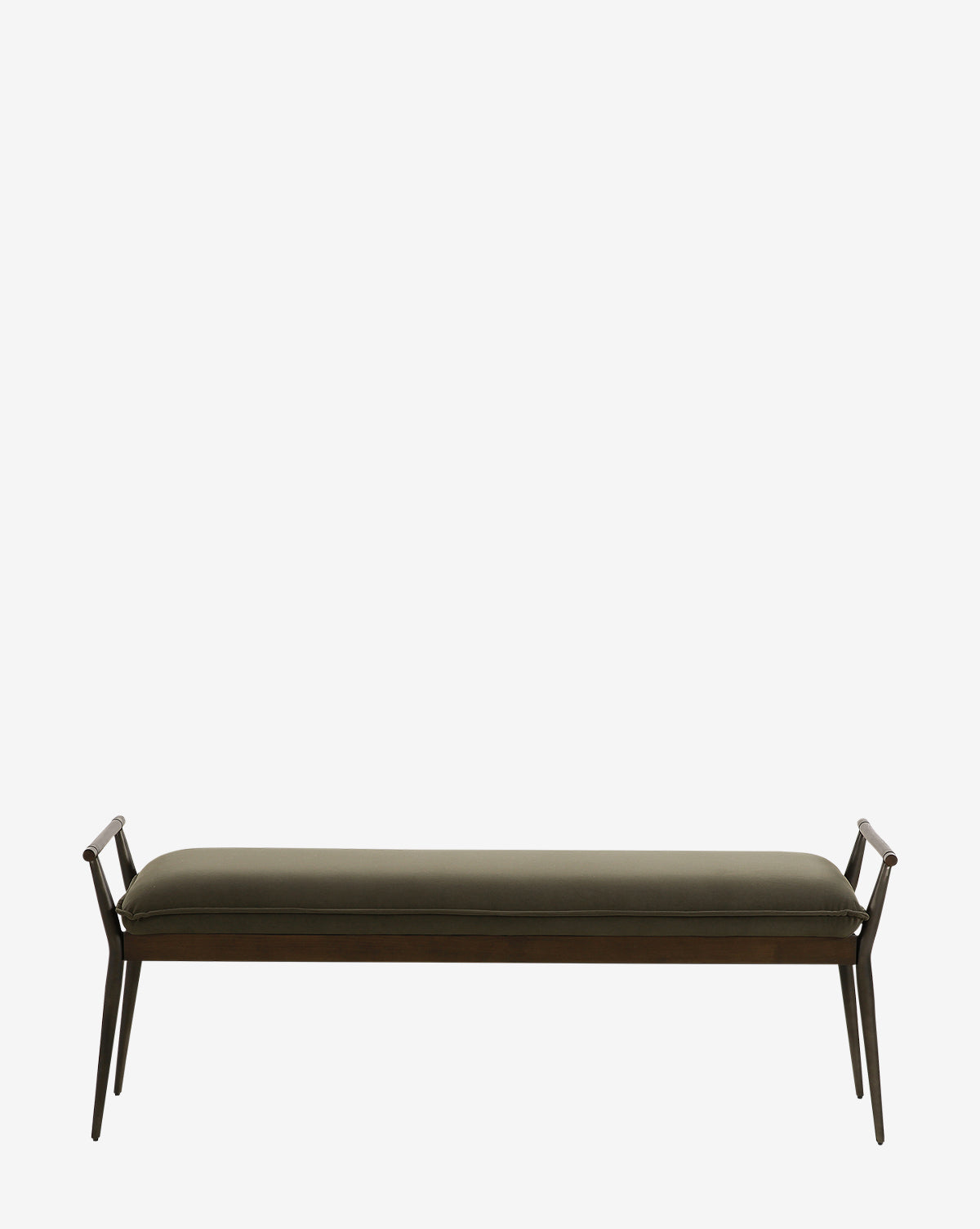 The Balfour Bench by Four Hands is a minimalist modern bench with a dark upholstered cushion, wooden frame, angled legs, and short armrests on both ends. Its shown against a plain white background. Vendixs