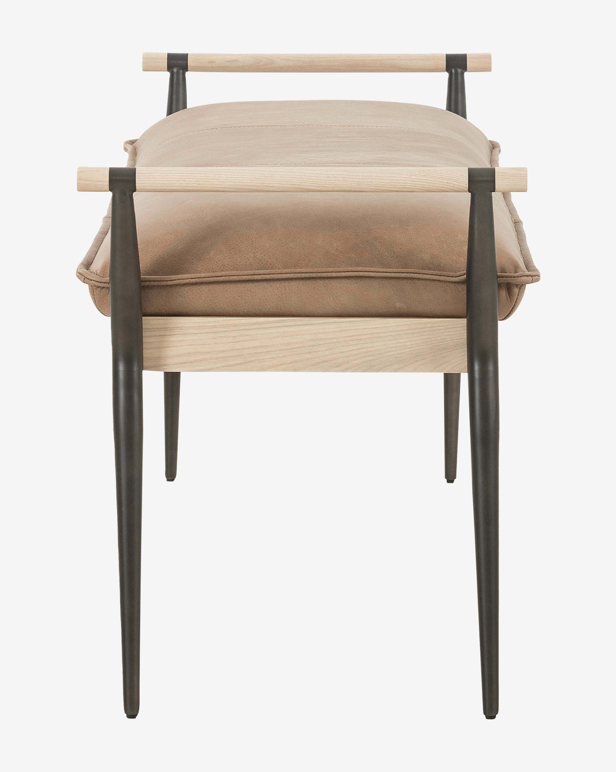 The Balfour Bench features a modern light wood frame, brown leather upholstered cushion, and sleek black steel legs, shown from the front against a white background by McGee & Co.