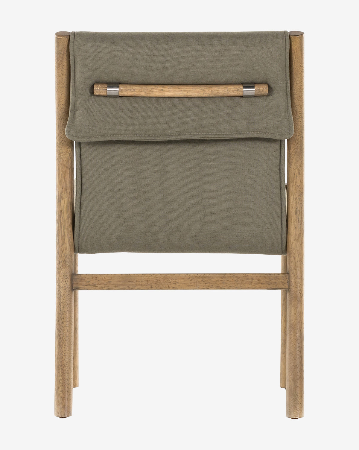 A front view of the Bardot Dining Chair shows its parawood frame and olive green high-performance fabric backrest with a horizontal wood rod near the top, all set against a plain white background by Vendixs