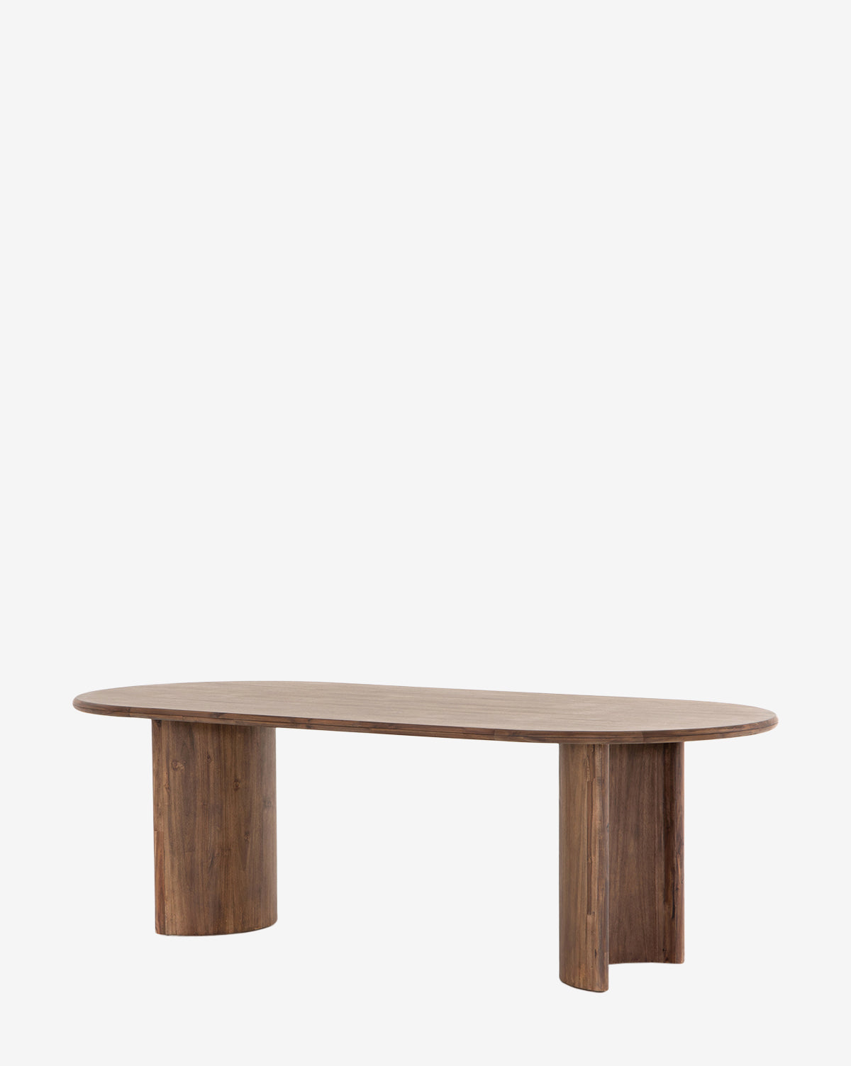 The Belvedere Dining Table features a modern solid wood design with an oval top and two cylindrical pedestal legs, shown against a plain white background by Vendixs