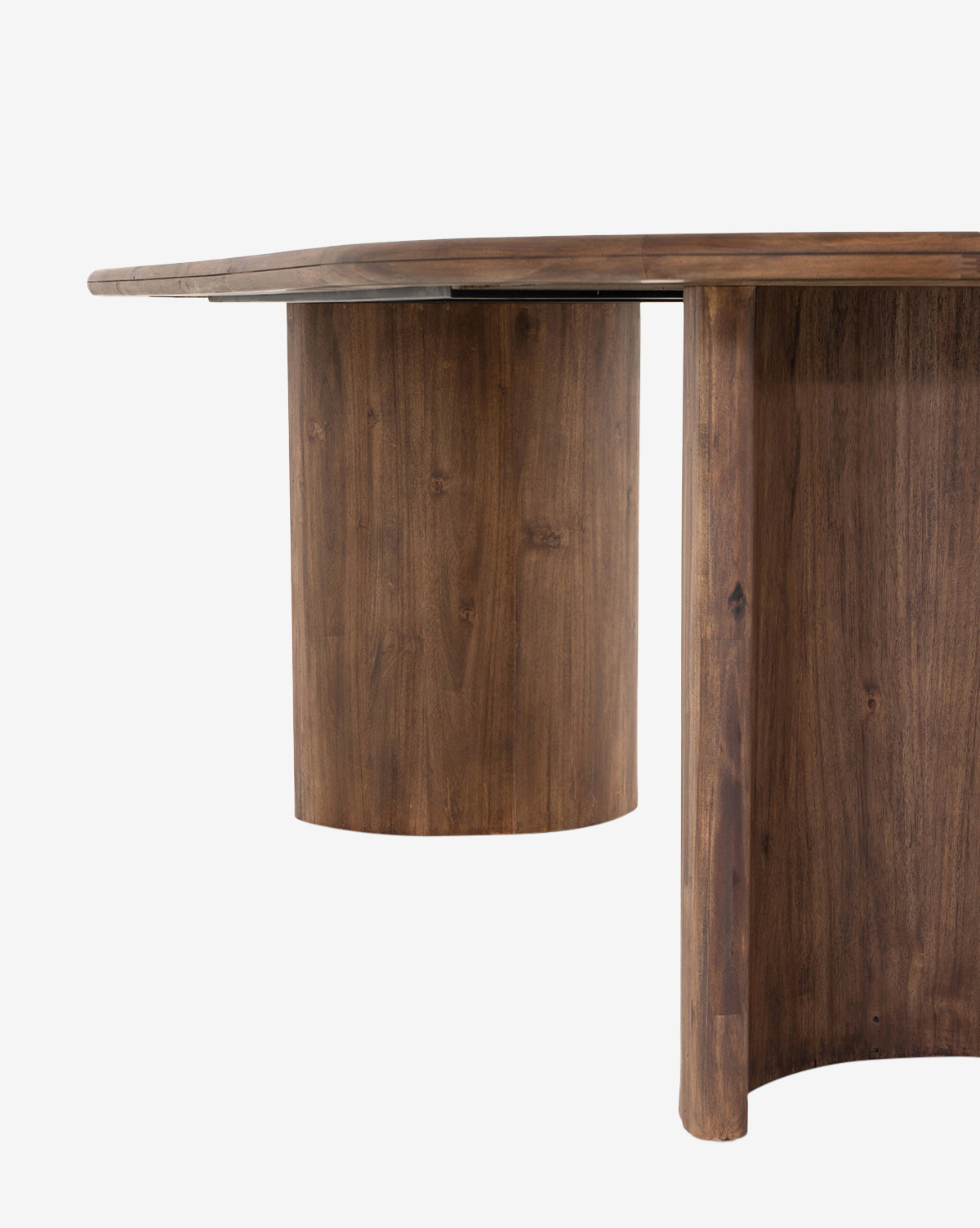 A close-up of the Belvedere Dining Table reveals its modern oval design, cylindrical curved legs, and a smooth rich brown finish, all set against a plain white background, by Vendixs