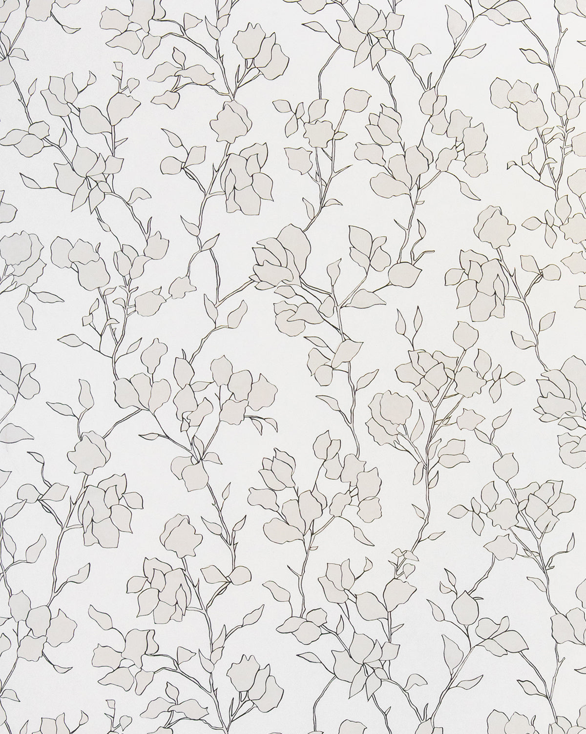 Blair Sketched Floral Wallpaper by York Wallcoverings features delicate leafy branches and flowers in fine black lines on a white background, creating an elegant, airy, and timeless neutral look for any space. Vendixs