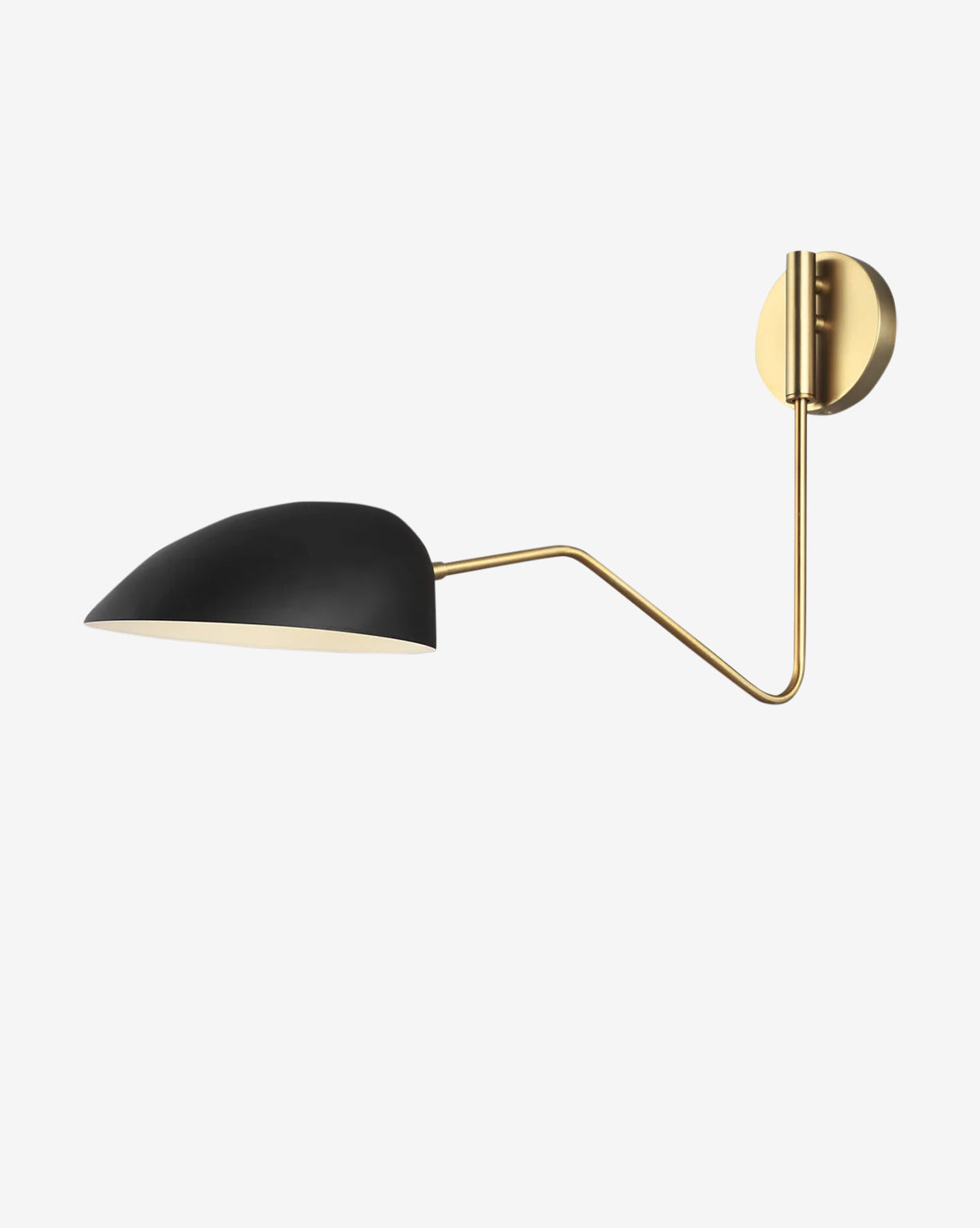 The Bradburn Single Wall Sconce by Visual Comfort Studio features a black dome-shaped shade, brass arm, and round gold wall plate, shown here against a plain white background. Vendixs