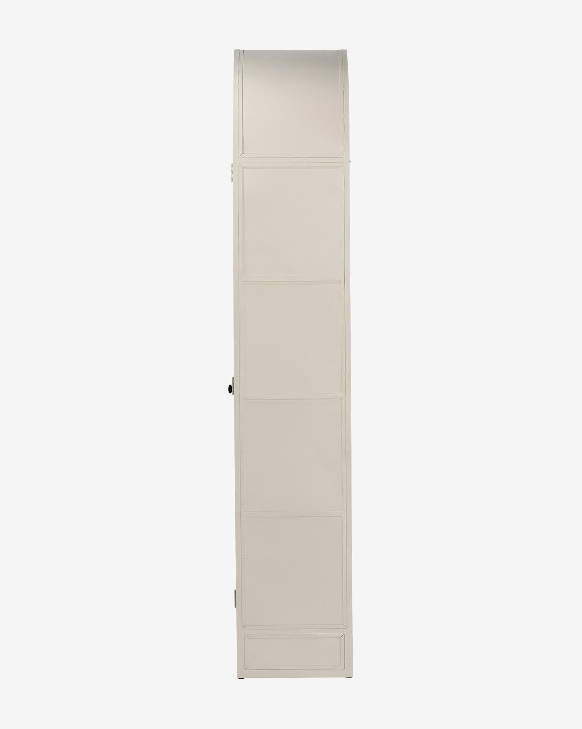 The Brookes Cabinet, tall and narrow with a curved top, is shown from the side against a plain white background. Its sleek beige design offers stylish storage, making it ideal for modern interiors by Vendixs