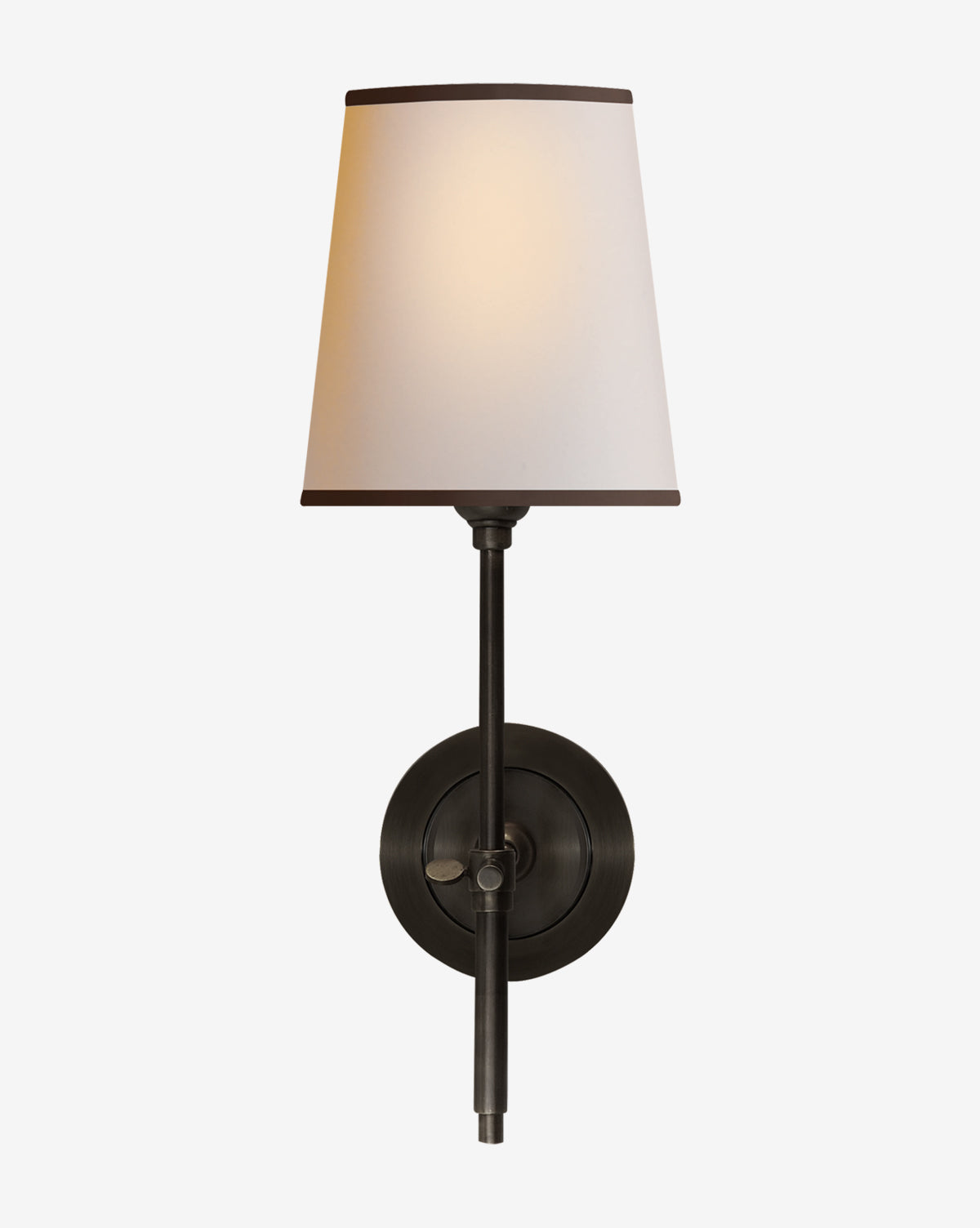 The Bryant Sconce by Visual Comfort & Co. Signature features a round black metal base, vertical rod, and a white tapered lampshade with dark trim, offering an elegant lighting solution for any space—available at Vendixs