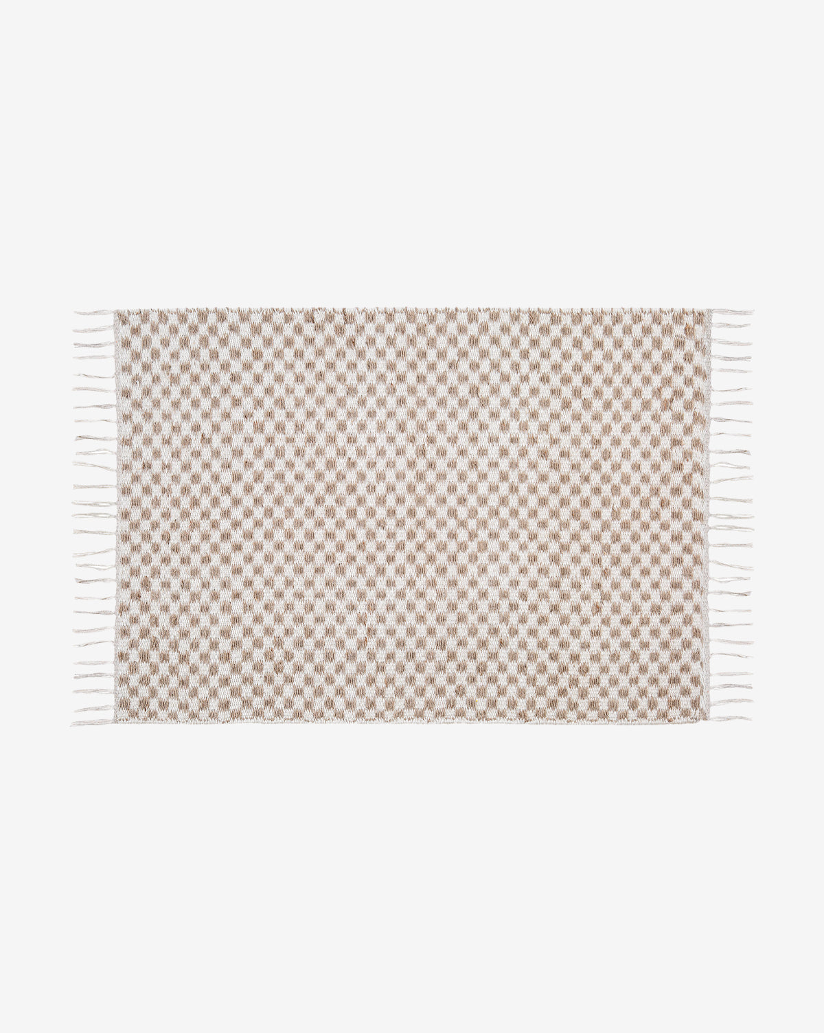 The Bullock Handwoven Jute Rug features a checkered beige and white pattern, organic texture, and short white fringe on both shorter sides, by Vendixs