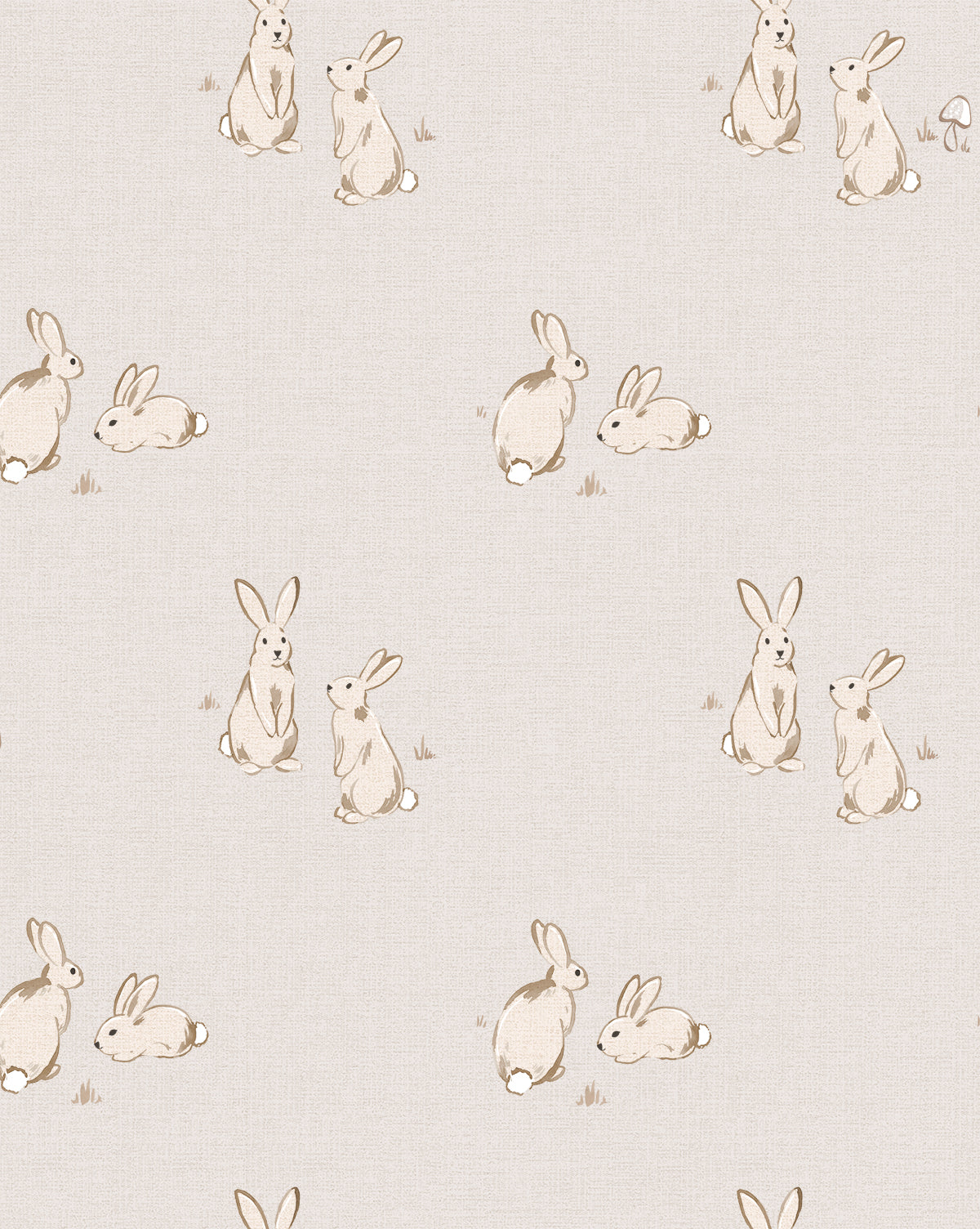 Wallpaper with soft taupe bunnies on a muted gray background in a playful, pastel design by Vendixs