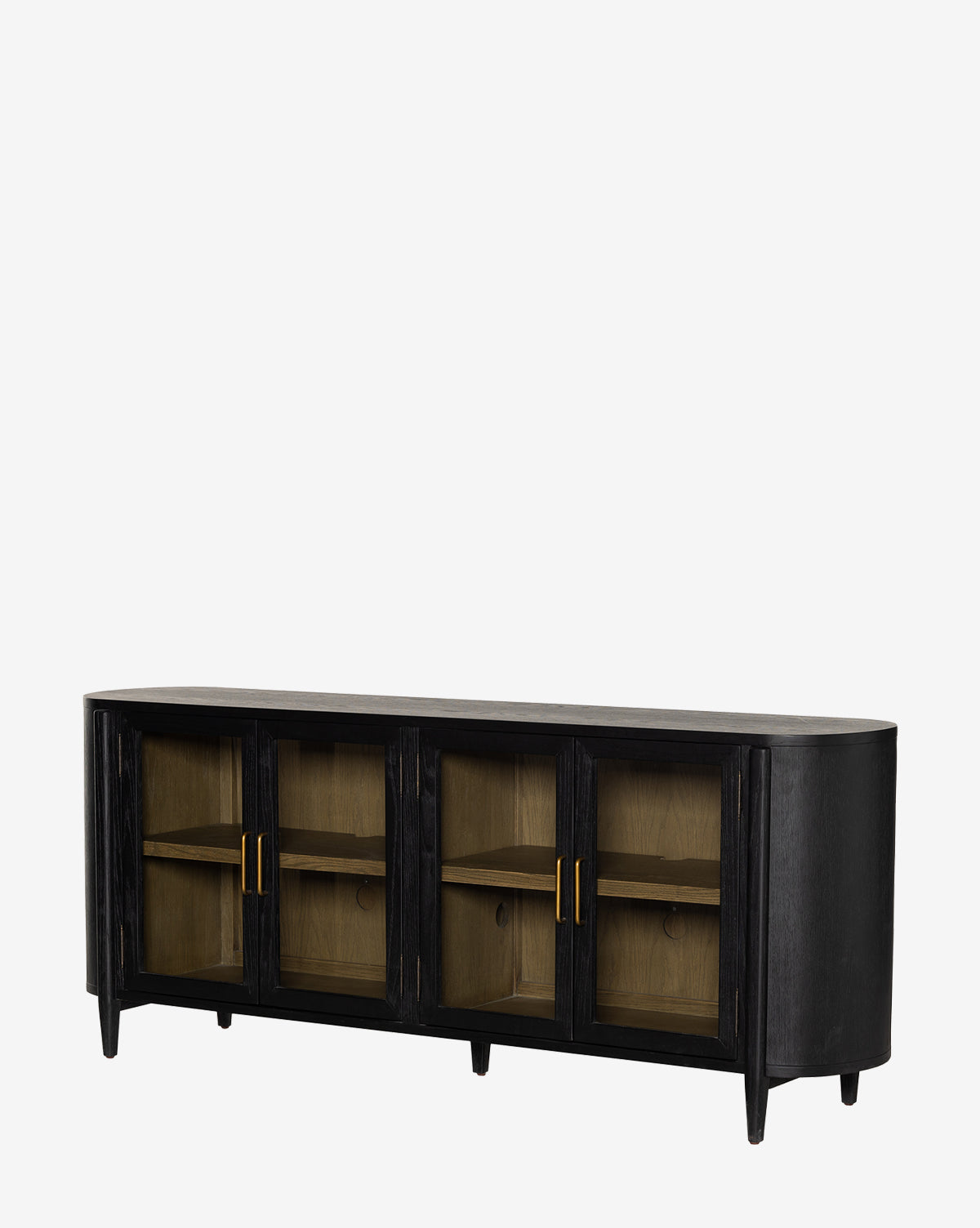 The Burton Sideboard features a modern black design with four glass-paneled doors, gold handles, and interior shelves, shown against a plain white background by McGee & Co.