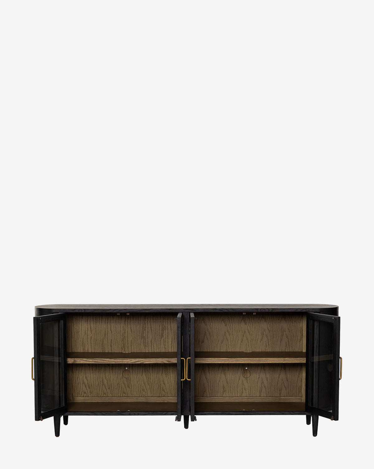 The Burton Sideboard is a black oak sideboard with four glass doors, gold handles, and two inner shelves in a light oak interior. It stands on four legs and is shown against a plain white background, by Vendixs