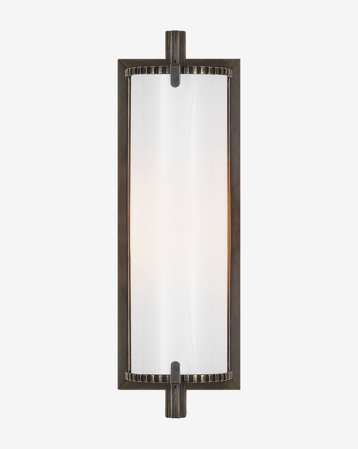The Calliope Bath Light by Visual Comfort & Co. Signature pairs a rectangular black metal frame with a curved frosted glass shade, softly diffusing light—ideal as modern accent lighting for any space. Vendixs