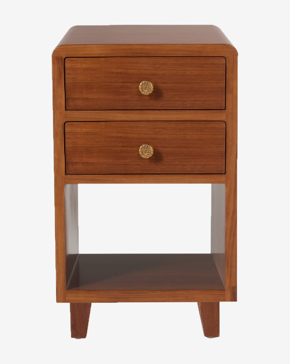 The Calperton Nightstand offers a teak veneer finish, two drawers with gold knobs, a bottom open shelf, and four tapered legs for modern style, by Vendixs