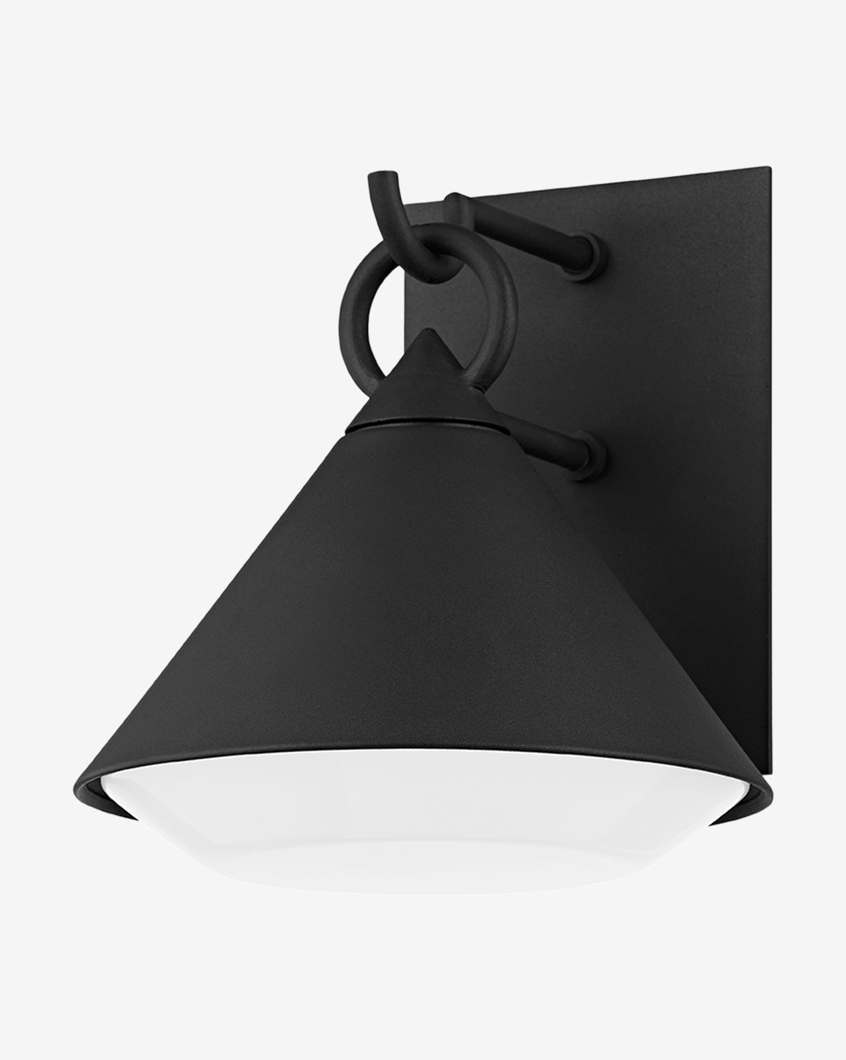 The Catalina Outdoor Sconce by Troy Lighting features a modern black conical shade, circular accent, and rectangular backplate with a white diffuser for an industrial look—ideal for contemporary spaces. Vendixs