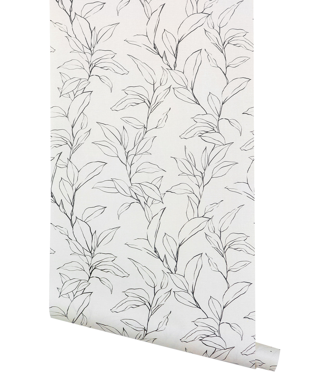 The Cecile Floral Print Wallpaper by York Wallcoverings features minimalist black line art of leafy branches on a white background, creating an airy and elegant botanical look. Vendixs