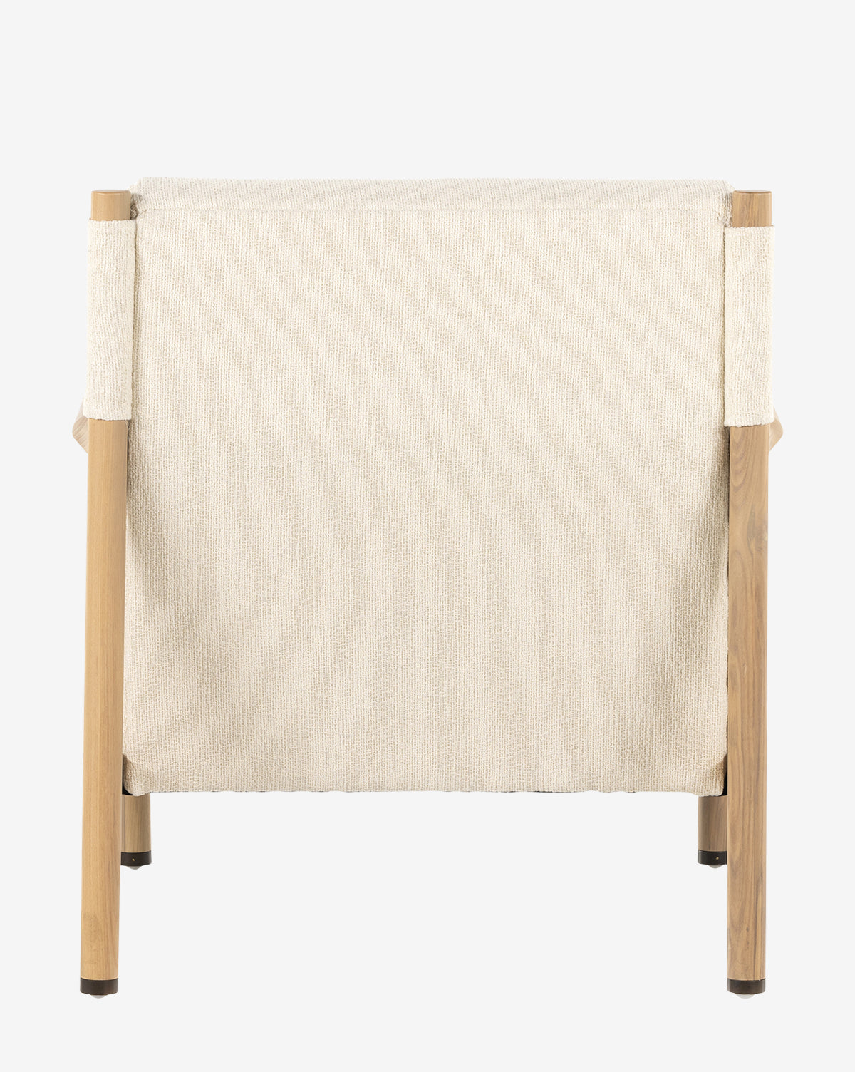 The Channing Lounge Chair is shown from the back with light wooden legs and a cream textured fabric backrest inspired by Parisian design, set against a plain white background by McGee & Co.