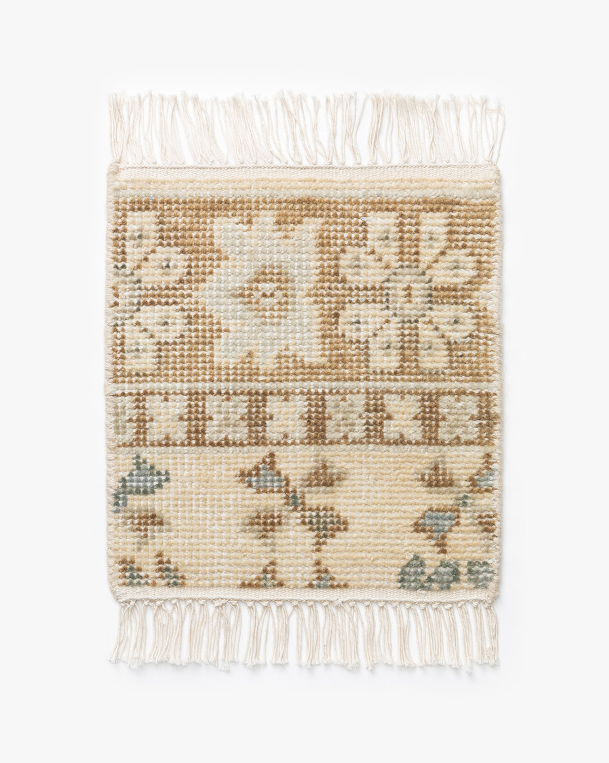 The Chantry Hand-Knotted Wool Rug Swatch features a square shape, natural cream, beige, and brown tones in geometric and floral patterns, and fringe on the top and bottom edges, by Vendixs