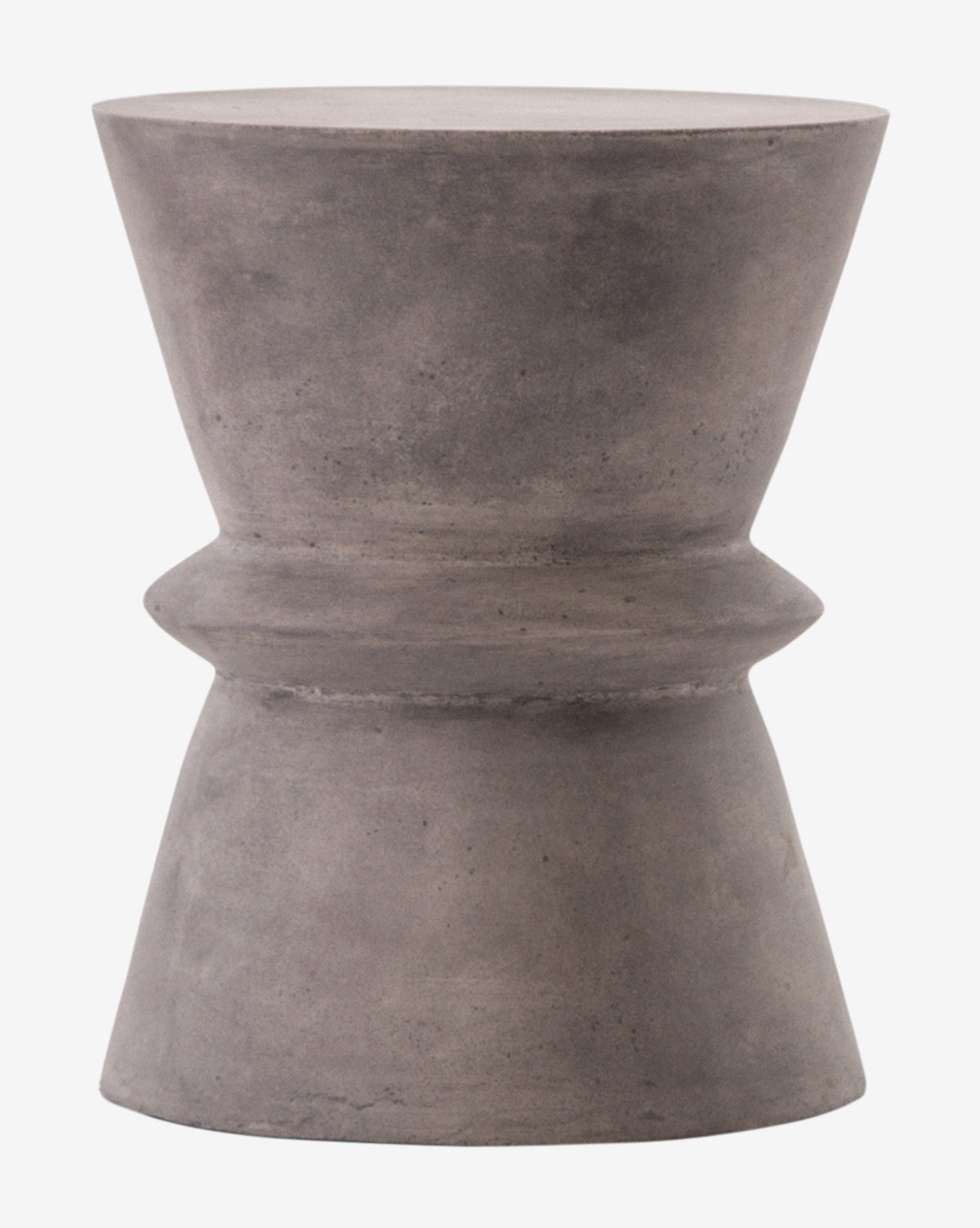 The Charlotte Side Table features a gray, hourglass-shaped geometric design with a smooth concrete finish and slightly raised center ridge, making it perfect for outdoor use, by Vendixs