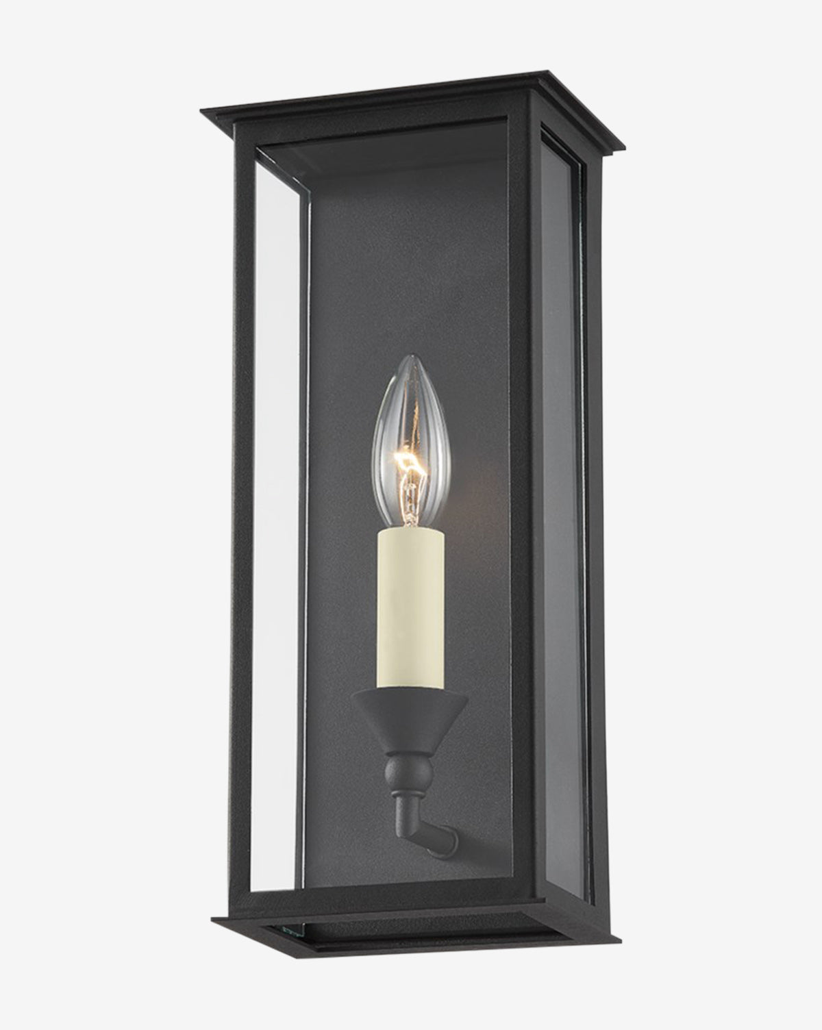 The Chauncey Sconce by Troy Lighting is a black rectangular wall fixture featuring clear glass panels and a single candelabra bulb, mounted vertically. Vendixs