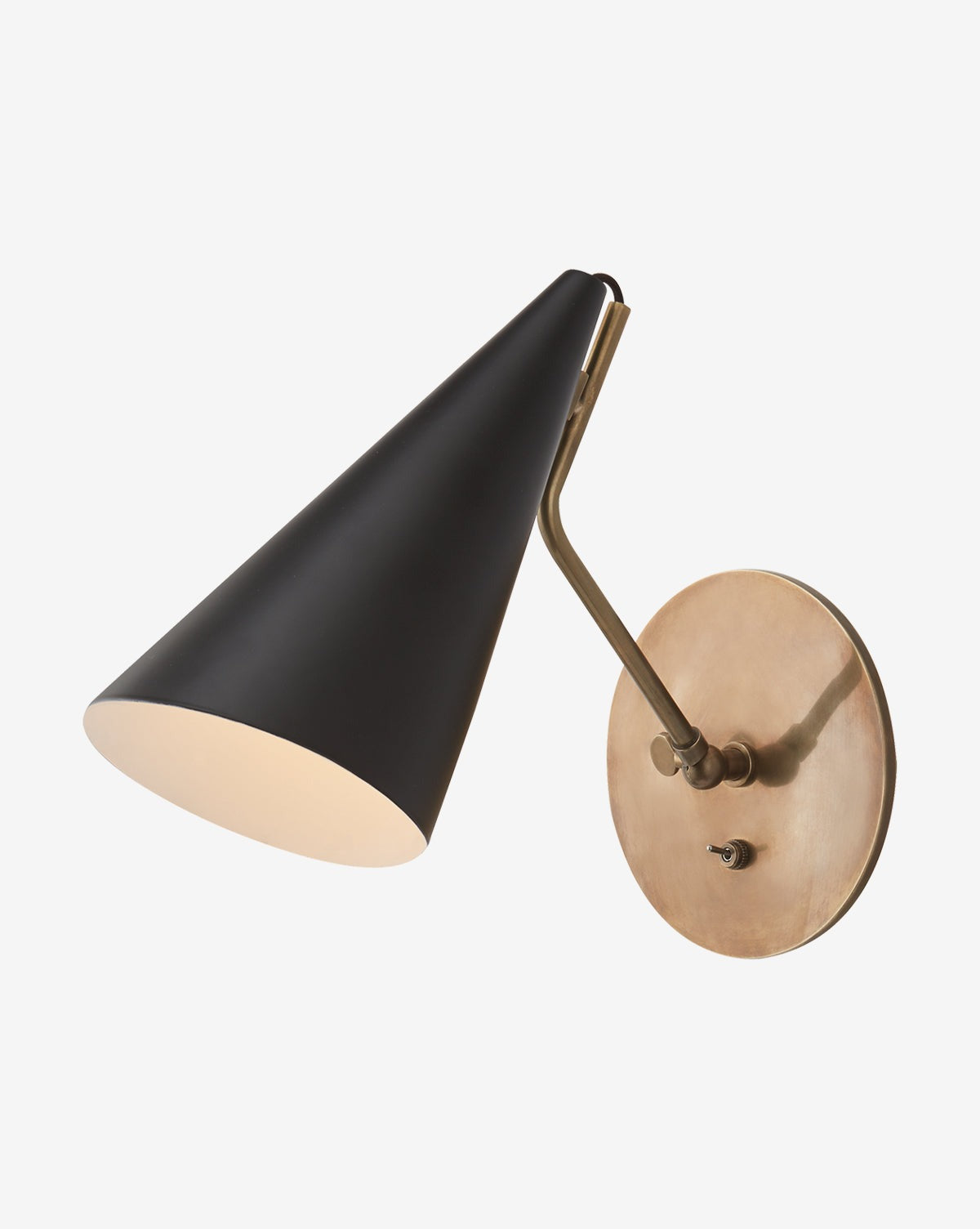 The Clemente Single Sconce by Visual Comfort & Co. Signature features a black conical shade, round gold base, angled brass arm, and toggle switch—a chic lighting option for any space by Vendixs