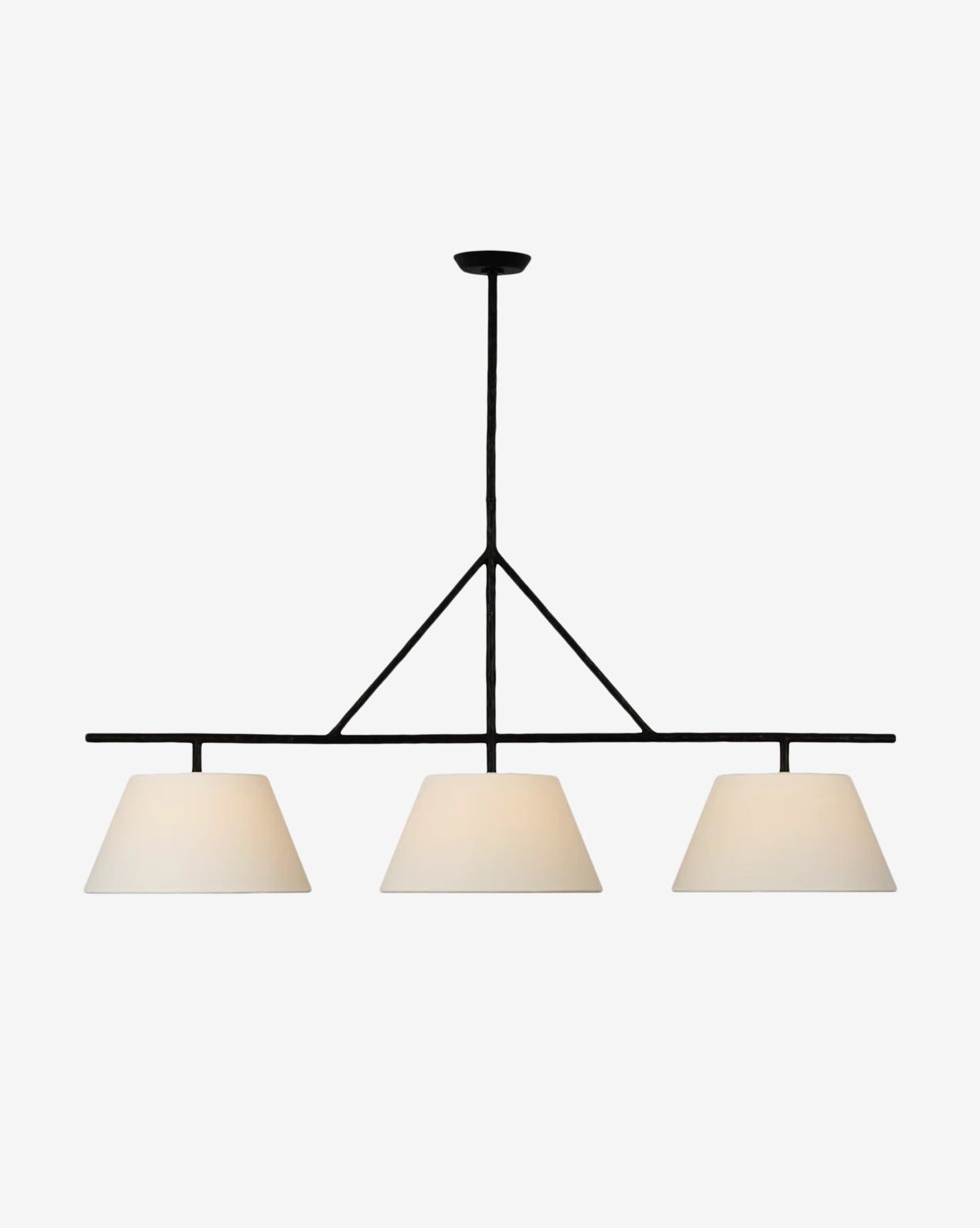 The Collette Linear Pendant by Visual Comfort & Co. Signature features three white cone lampshades evenly spaced along a black metal rod, highlighting its sleek modern design against a plain white background. Vendixs