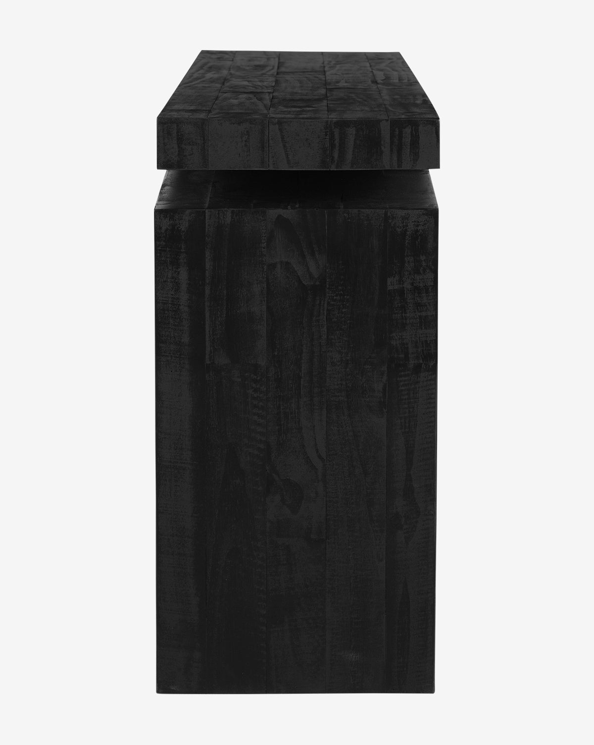 The Colter Console Table is a black wooden rectangular bench with a thick, flat seat and blocky legs, shown from the side against a plain white background—ideal as a modern entryway table or paired with reclaimed wood accents, by Vendixs