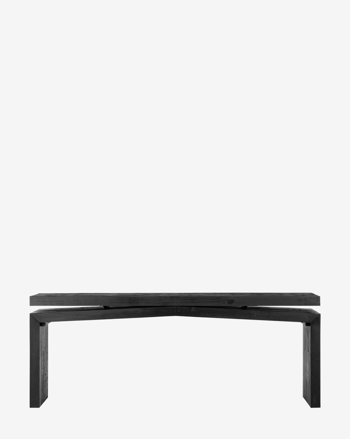 The Colter Console Table features a modern minimalist design with clean lines, crafted from reclaimed wood in black, and is displayed against a plain white background, by Vendixs