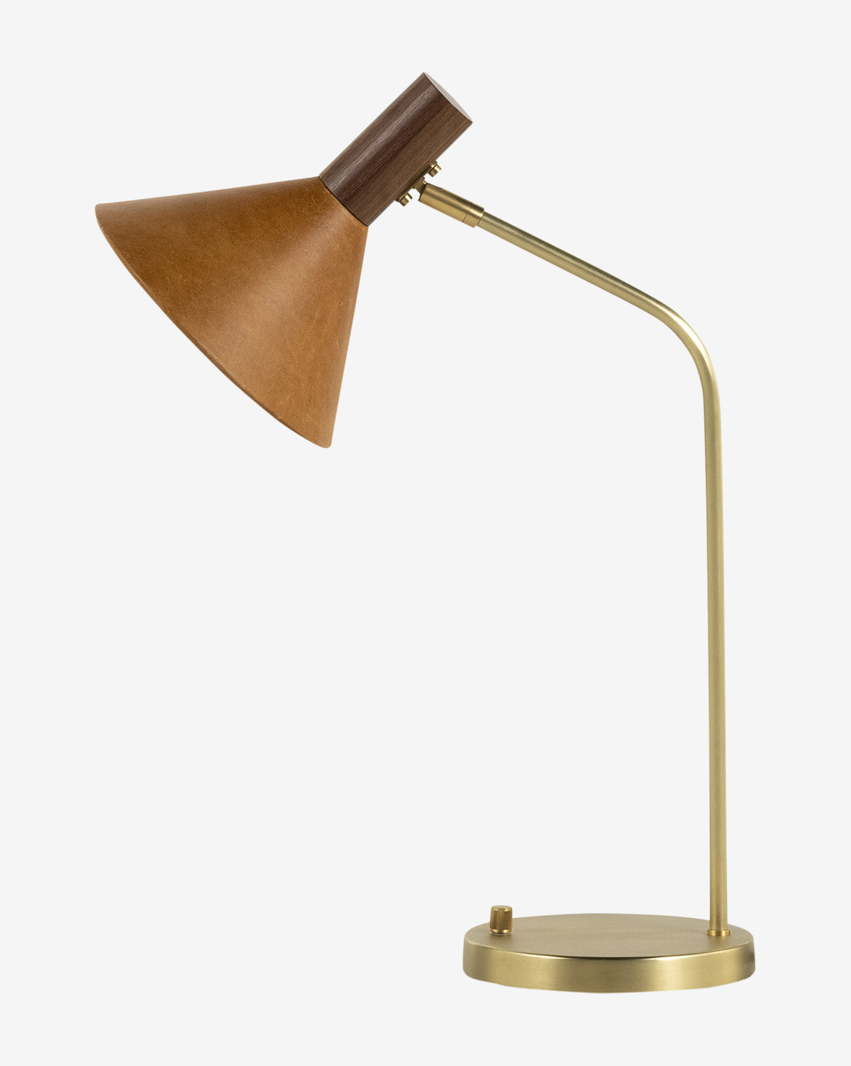 The Cullen Task Lamp features a brass base and arm, a brown conical shade, and a wooden accent at the joint, all set against a plain white background, by Vendixs