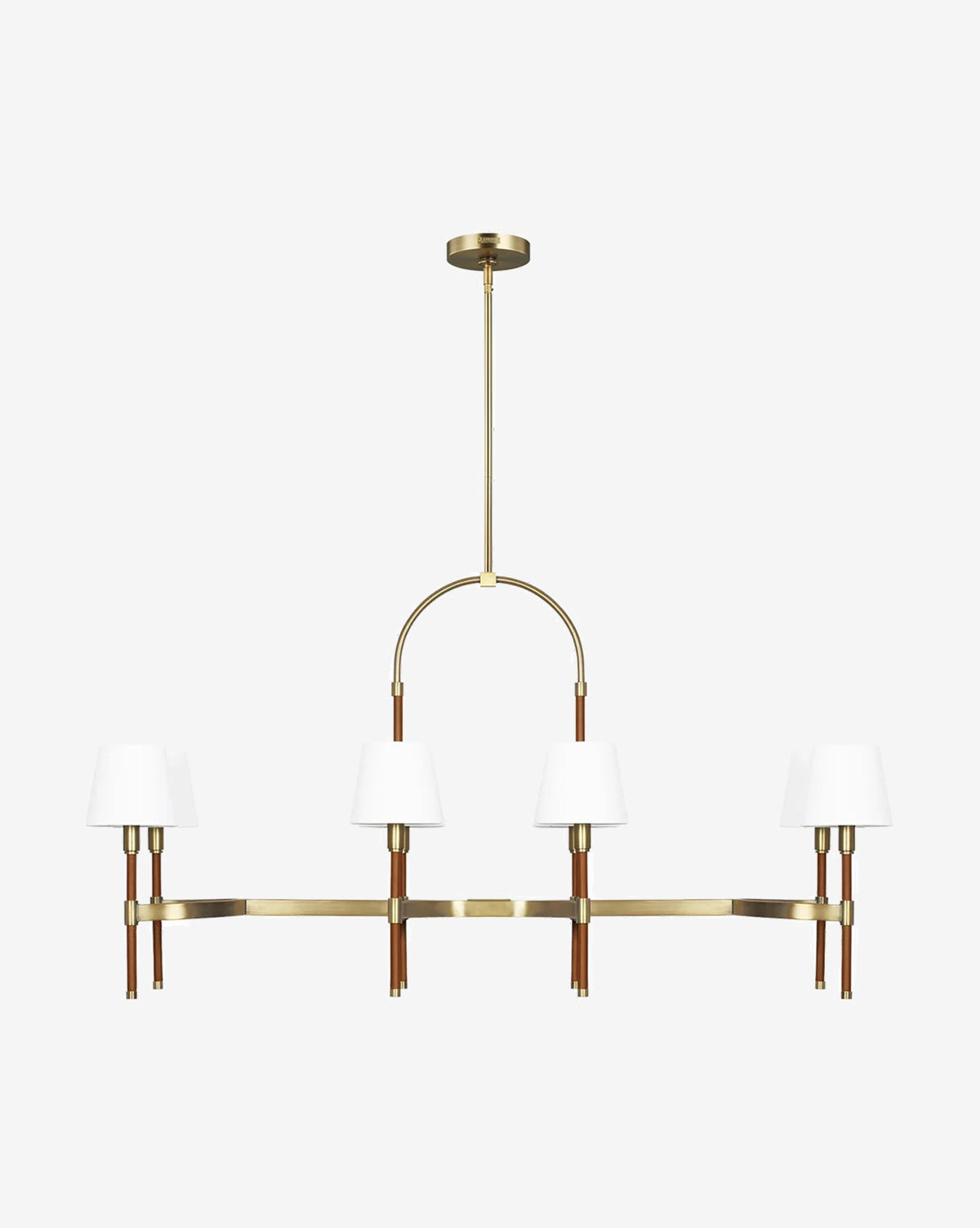 The Danica Linear Chandelier by Visual Comfort Studio - Generation Lighting features a rectangular brass frame, four white lampshades, and wooden accents—an elegant dining table lighting solution suspended from a central rod by Vendixs