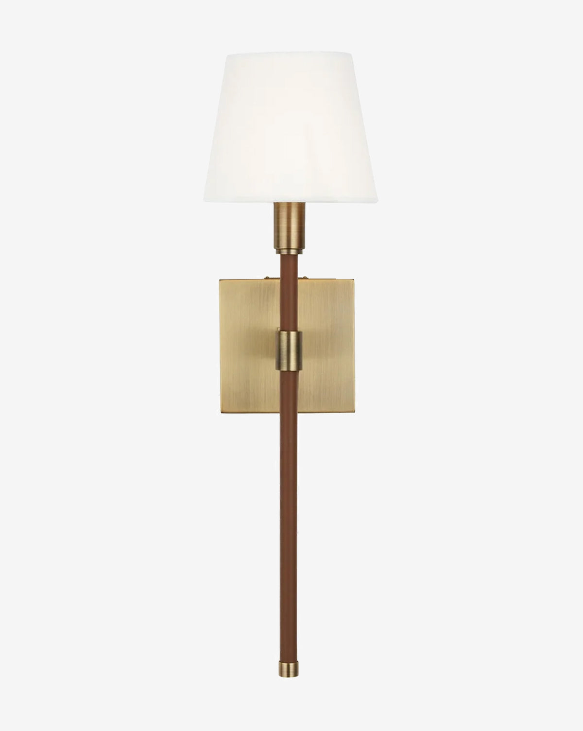 The Danica Single Wall Sconce by Visual Comfort Studio – Generation Lighting features a white lampshade, slim brown stem, and square brass backplate, seamlessly blending modern and classic style by Vendixs